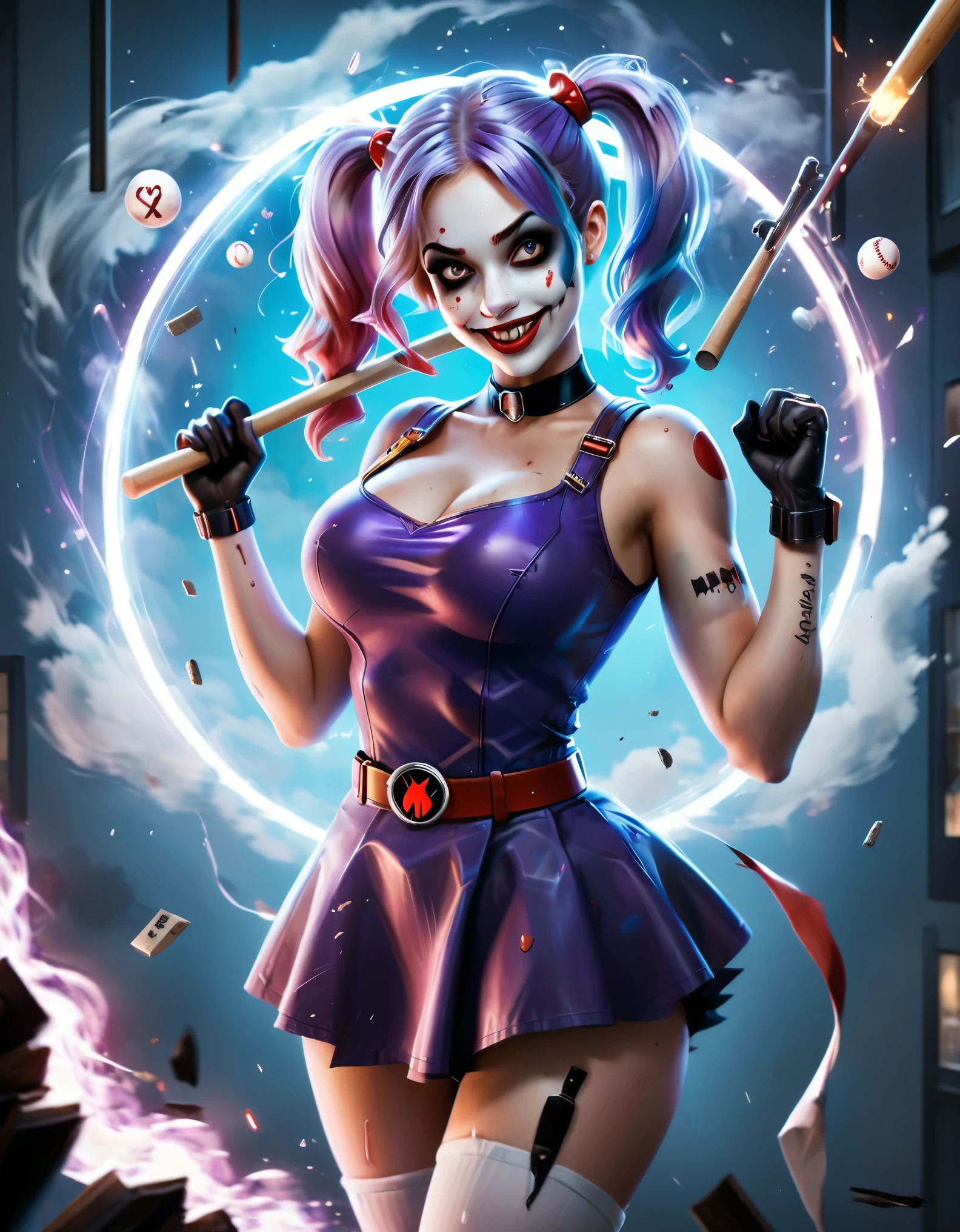 Create a vibrant and dynamic illustration of a character similar to Harley Quinn. The character should have playful and mischievous facial expressions, with a wide grin. She should have white face makeup with red and black designs resembling a clown, and her hair should be in two high pigtails, colored purple and blue. She is holding a wooden baseball bat over her shoulders, wearing a purple sleeveless dress that flares out with a red belt featuring a circular buckle. Her arms should display various colorful tattoos. The background should depict a dramatic night scene with a large full moon illuminating the sky. The sky should be painted with shades of purple and blue, and there should be dark, angular buildings in the background. The overall style should be bold, with strong lines and vibrant colors, giving a comic book feel. The atmosphere should be energetic and slightly chaotic, with flying debris and dynamic lighting effects. Ultra realistic photo, vibrant colors, 16k