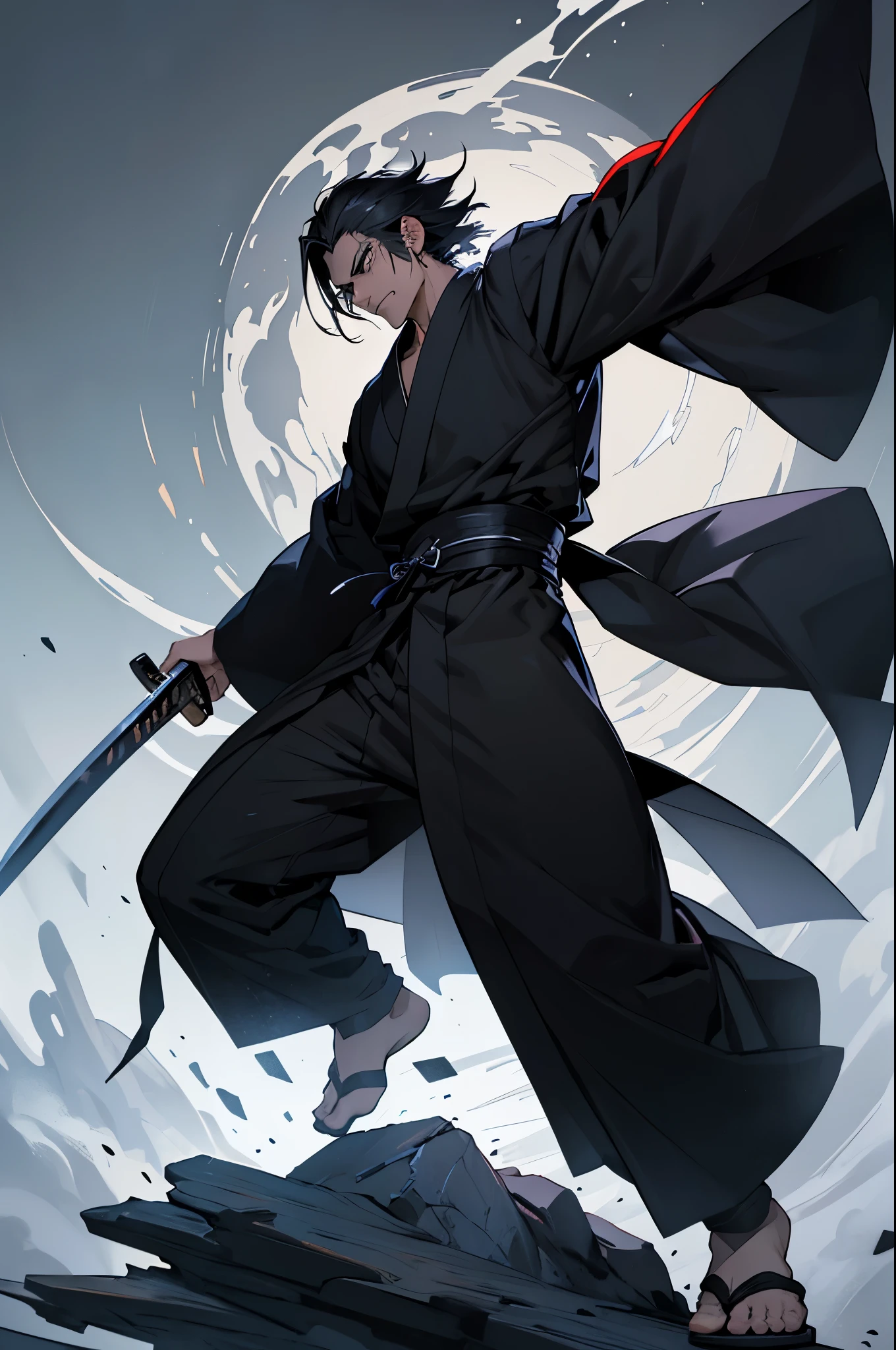Create a full-body fantasy illustration of Kenji Tanaka (Shinigami). He stands slender but muscular, wearing a combination of traditional Japanese attire and modern clothing, including a dark kimono in black or dark blue with white and silver details. His elegant posture and imposing presence are complemented by his ceremonial katana with a black blade and a hilt decorated with symbols of death. His long, straight, jet-black hair and deep black eyes reflect his cold and mysterious allure. Surround him with a dark, mysterious aura with moving shadows or a slight spectral glow to highlight his dominion over death and his connection with the shinigami.