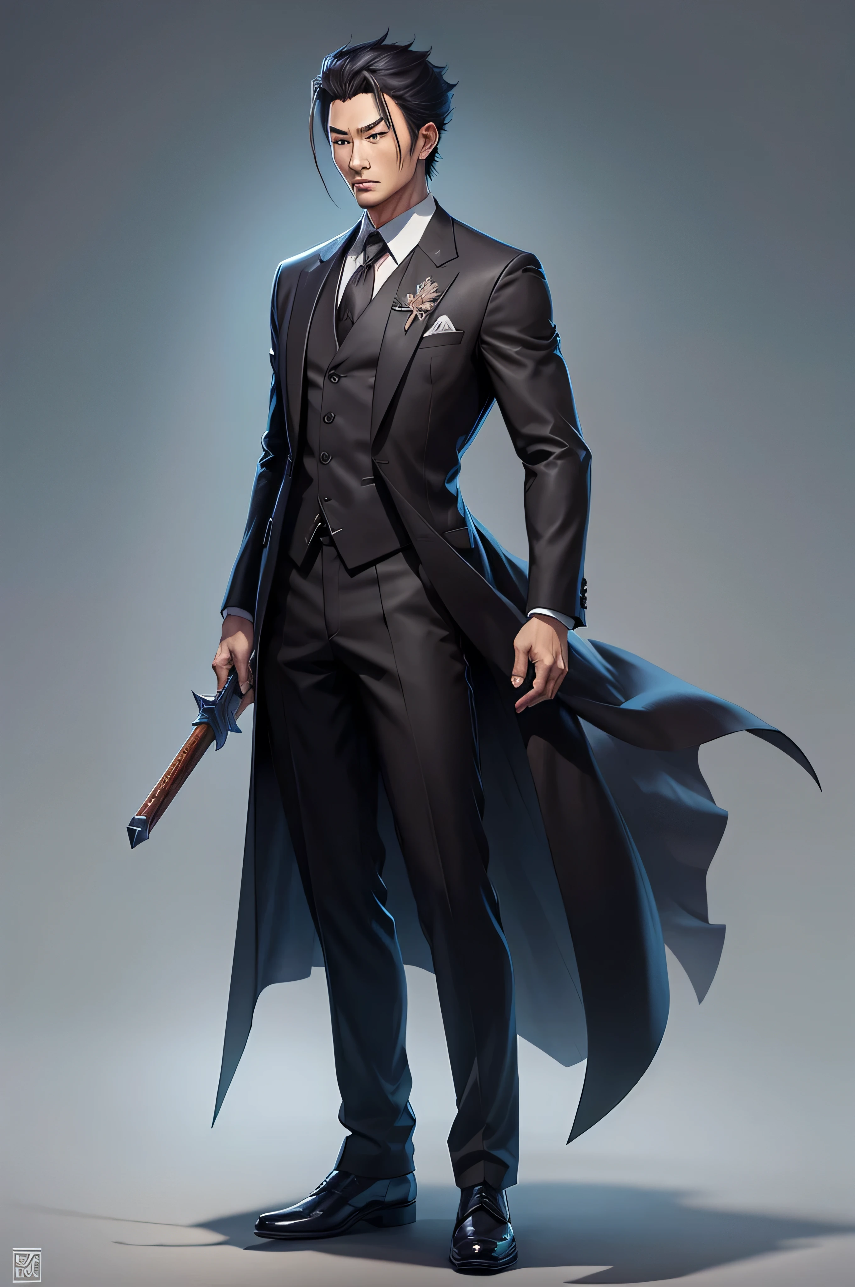a Japanese man in a suit (digital art, character design, RPG art)
