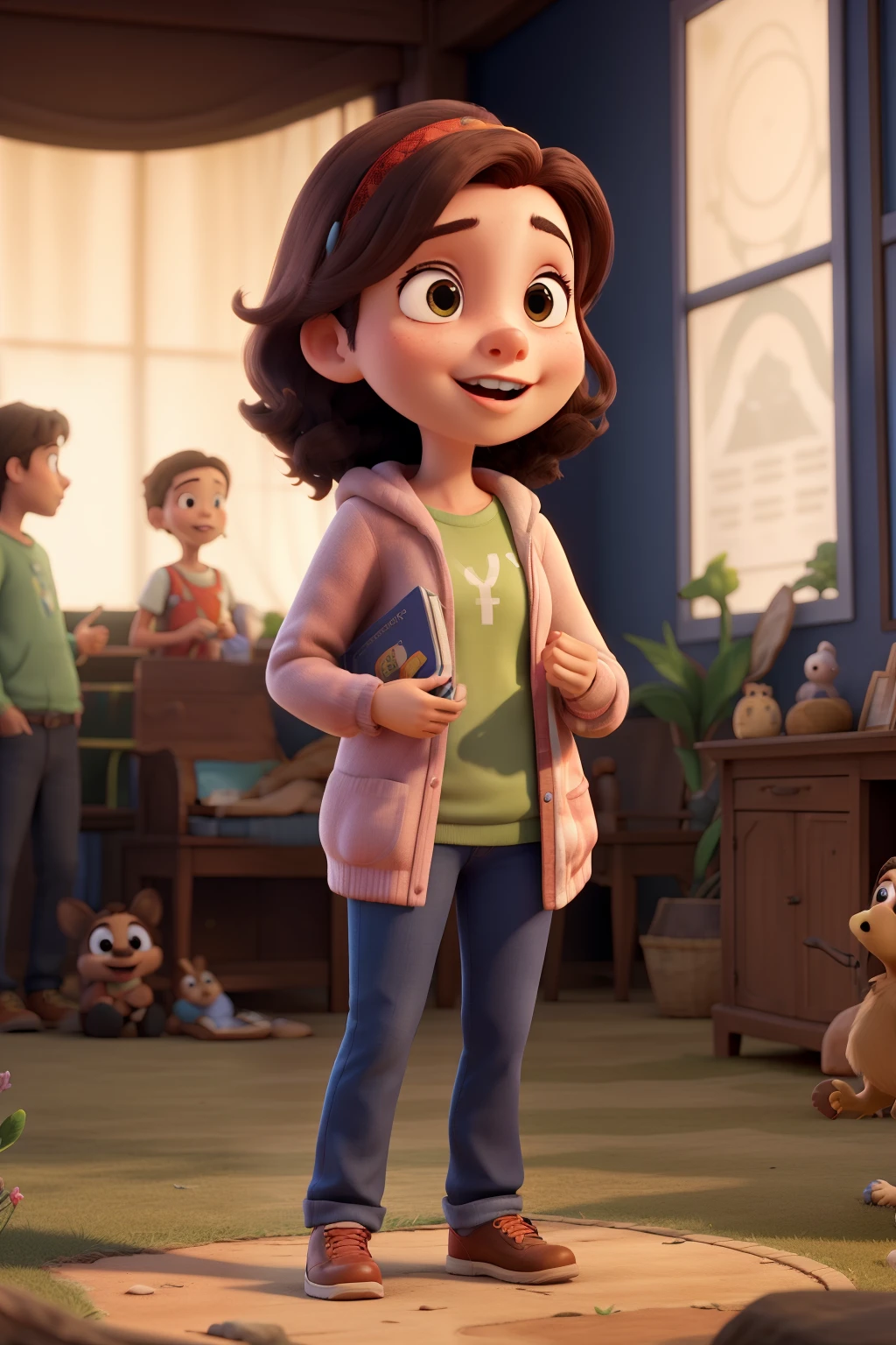 Woman with microphone in hand, levantando a biblia na outra, usando jardineira, preaching to children 3d Pixar cartoon style
