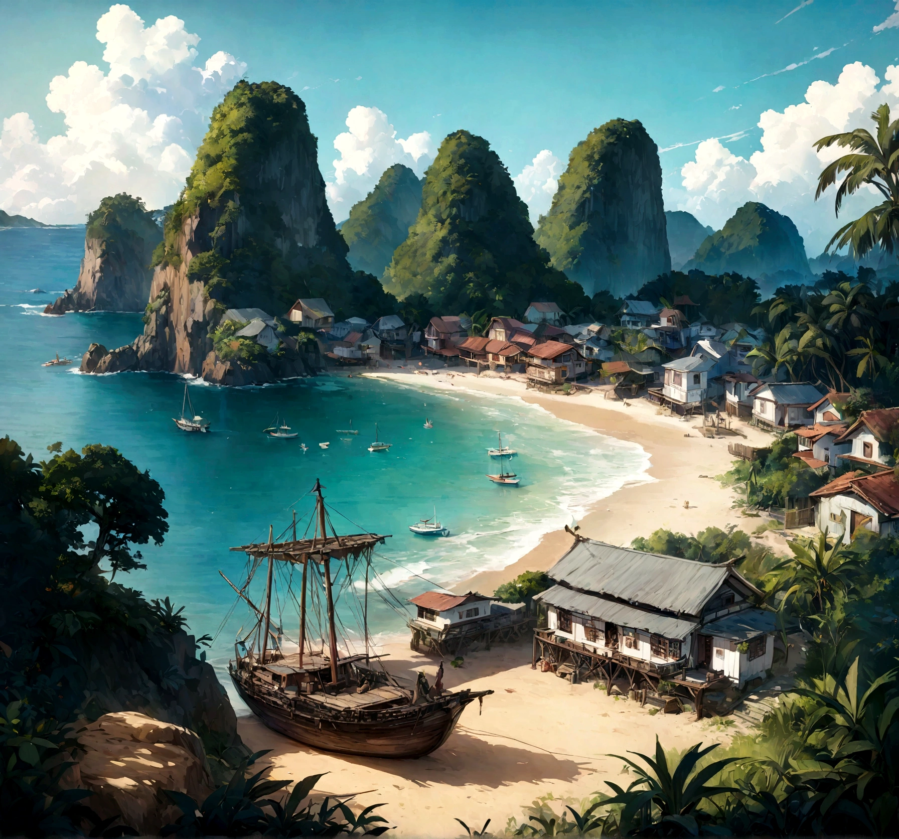 Seaside cottage, blue sky, Brazil, Small boats, detailed, 8K HD, highest quality，超detailed, figure，Best Shadow，masterpiece，High resolution，Professional artwork，Famous works of art