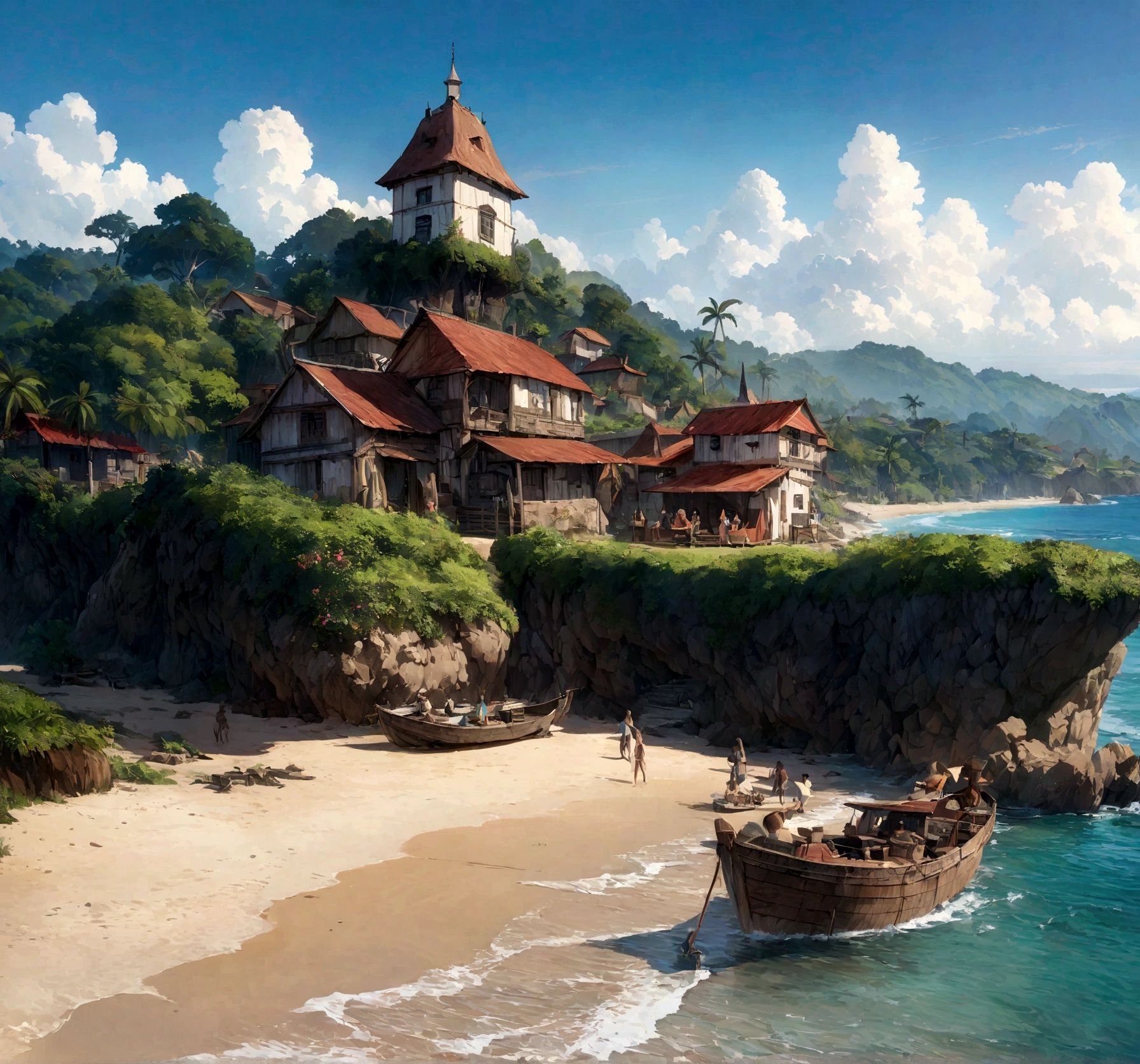Seaside cottage, blue sky, Brazil, Small boats, detailed, 8K HD, highest quality,超detailed, figure,Best Shadow,masterpiece,High resolution,Professional artwork,Famous works of art