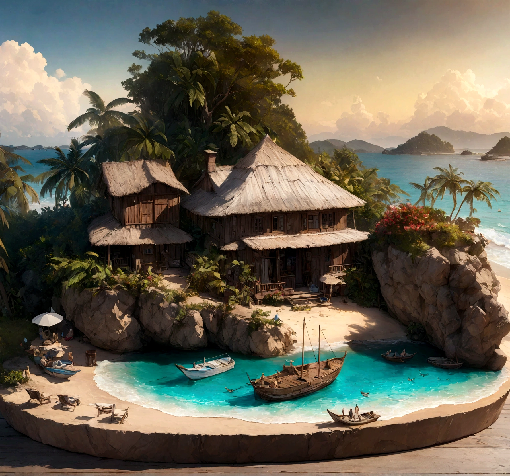 Seaside cottage, blue sky, Brazil, Small boats, detailed, 8K HD, highest quality,超detailed, figure,Best Shadow,masterpiece,High resolution,Professional artwork,Famous works of art