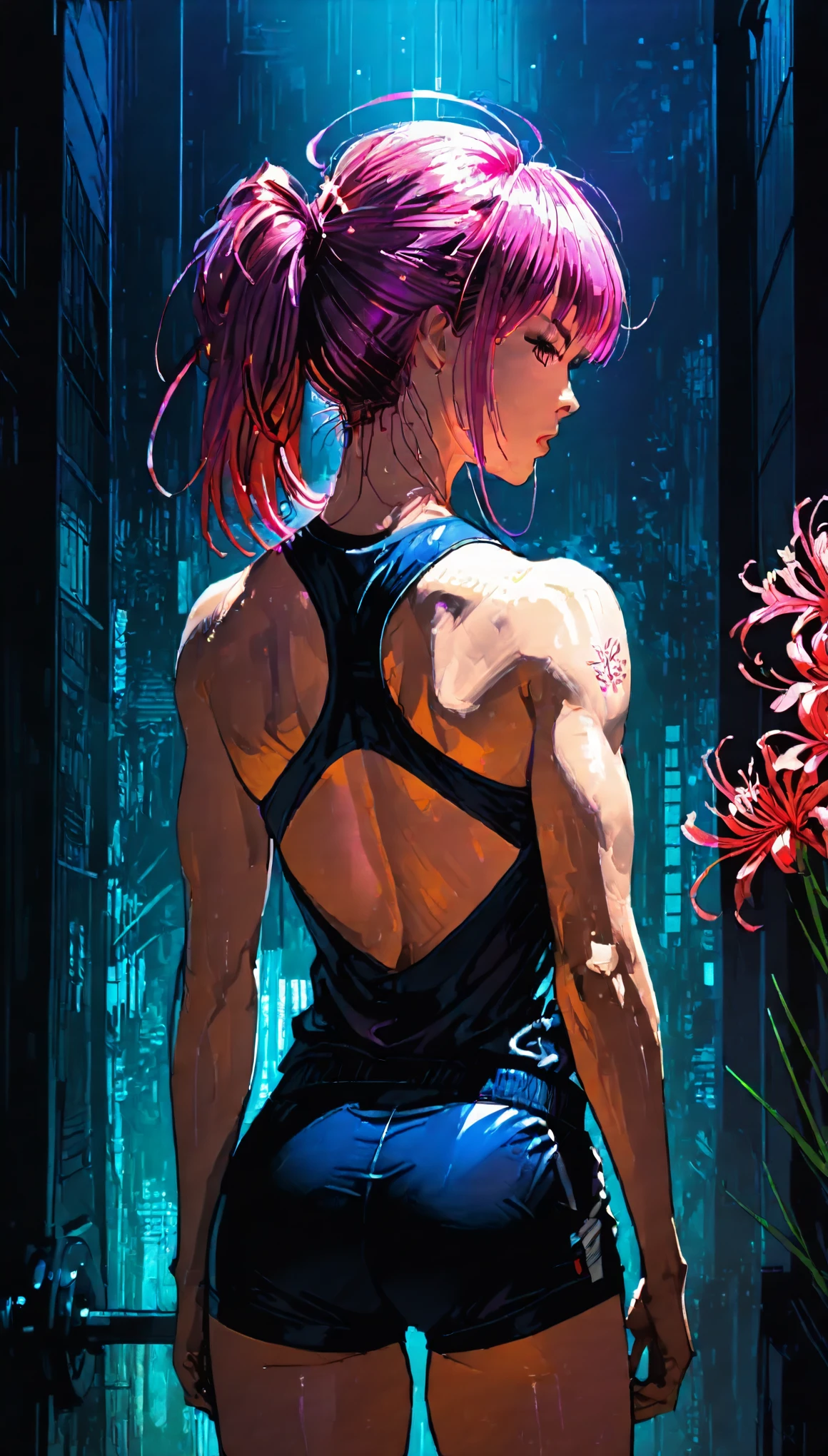 (in style of Ashley Wood:1.4),(in style of Takeshi Obata:1.3), (Lycoris radiata background:1.3),(darkorchid neon glowing:1.1),night,moonlight shadows,dramatic lighting,gradient pop surrealism,Detailed, BREAK 1 girl,muscles of the back,show back tattoos,(bodybuilding moves:1.4),from behind,(gym clothes:1.5),