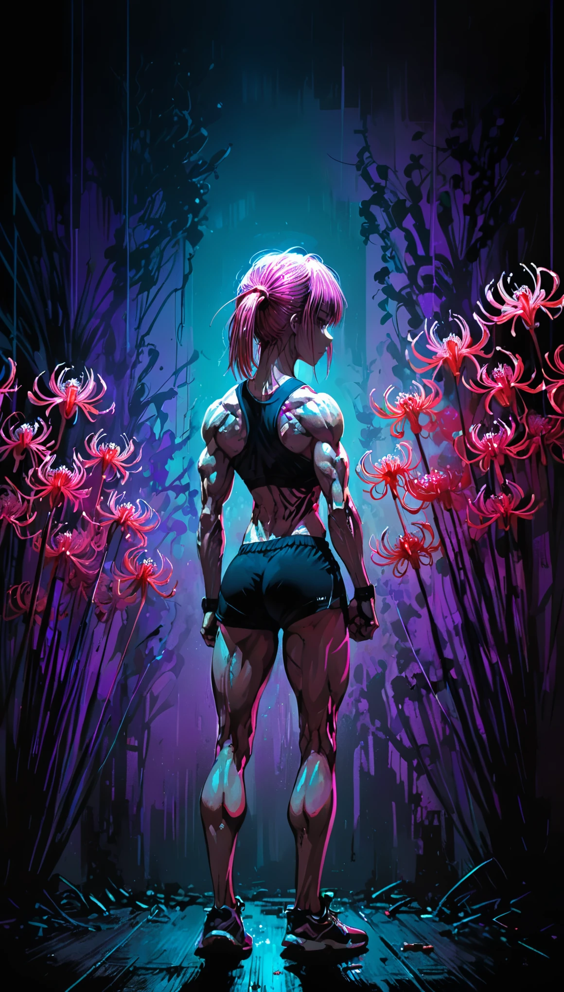 (in style of Ashley Wood:1.4),(in style of Takeshi Obata:1.3),
(Lycoris radiata background:1.3),(darkorchid neon glowing:1.1),night,moonlight shadows,dramatic lighting,gradient pop surrealism,Detailed,
BREAK
1 girl,muscles of the back,show back tattoos,(bodybuilding moves:1.4),from behind,(gym clothes:1.5),