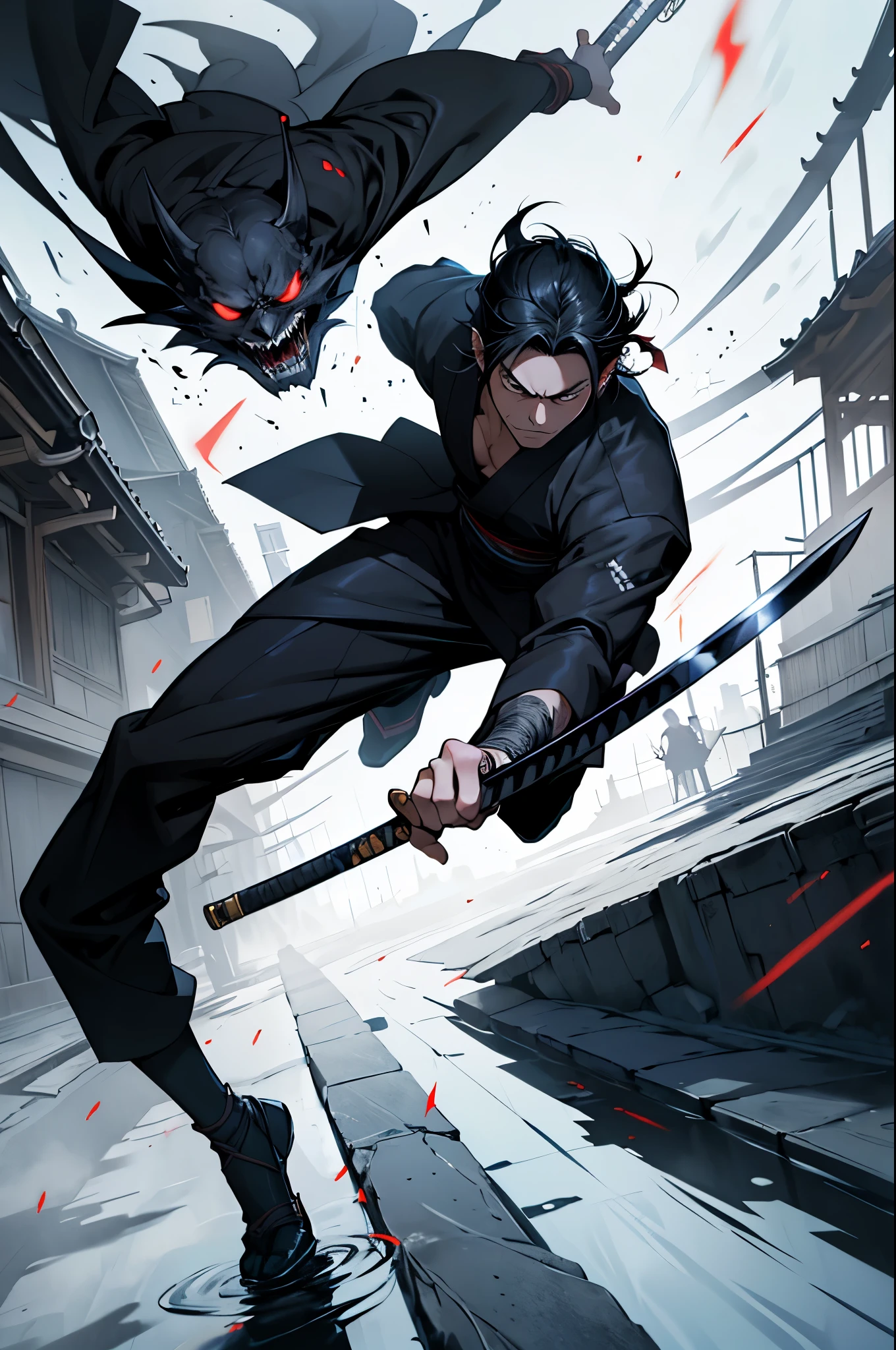    Illustrate Kenji Tanaka (Shinigami) in an action pose. He is in the midst of drawing his ceremonial katana, with his dark kimono moving dynamically. His deep black eyes are focused and intense, and his long, straight, jet-black hair moves with him. Surround him with a dynamic dark, mysterious aura with moving shadows or a slight spectral glow to showcase his connection with the shinigami and his powerful presence.