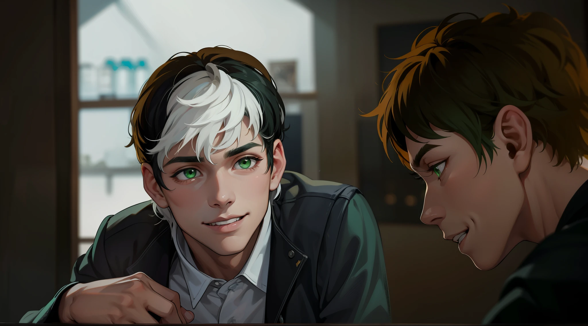 se estan mirando alos ojos, cute young man, 17 years old, hair with white streaks, green eyes, smile, mischievous look