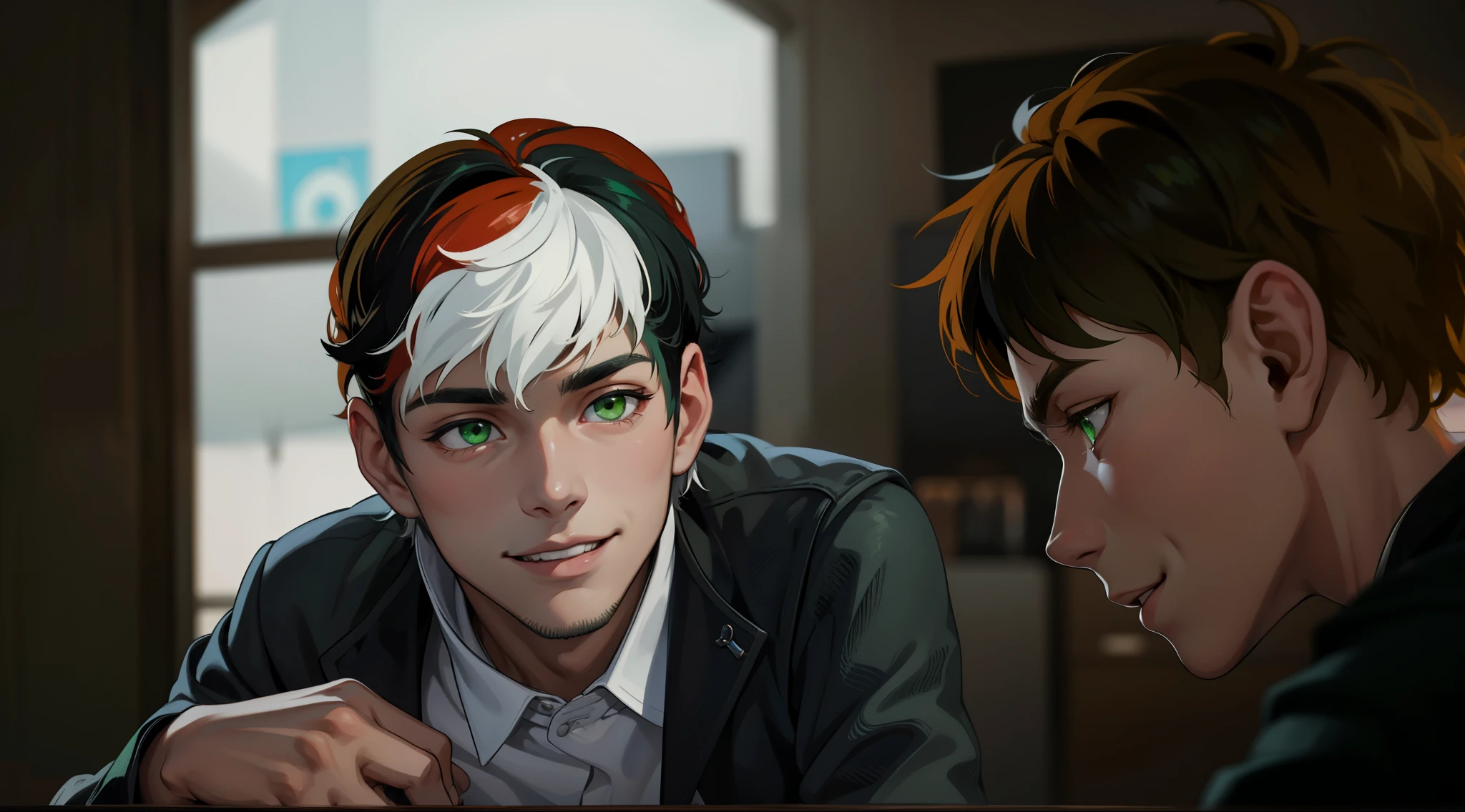 se estan mirando alos ojos, cute young man, 17 years old, hair with white streaks, green eyes, smile, mischievous look