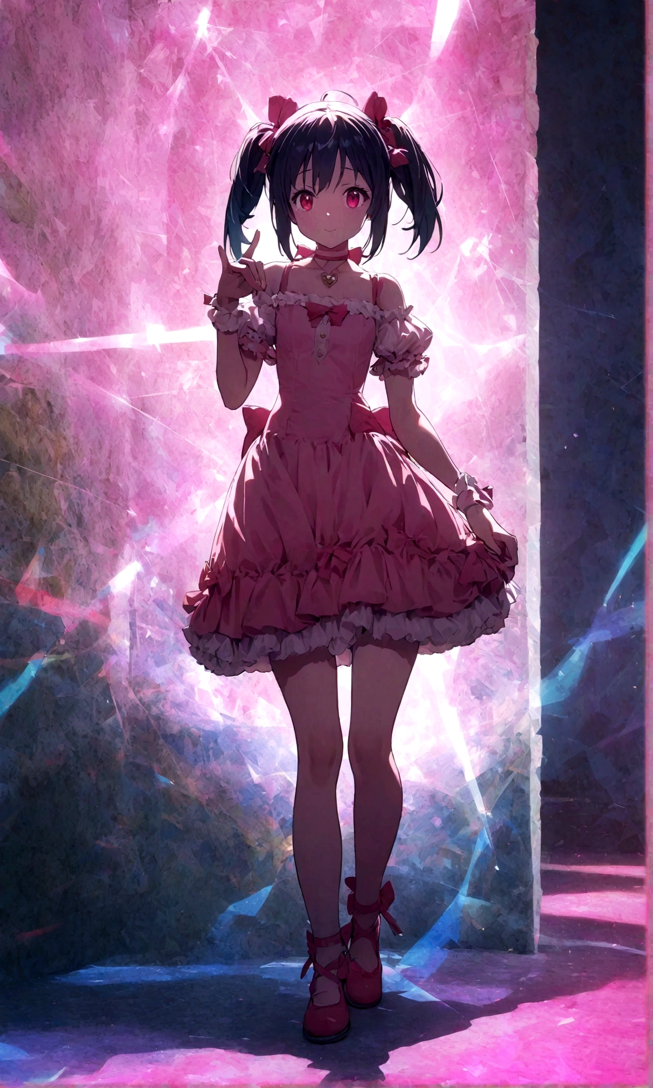 kaname_madoka\(Puella Magi Madoka Magica,magical girl style,pink twin tails hair,pink bows,open shoulder dress with frill,bow at neck,white grove,red juwel at middle of clavicle\) is standing with confused face in the center wondering showing full body to viewer,geometric and chaotic background with gothic shadow puppet castles,(in a very psychedelic nightmare), BREAK ,quality\(8k,wallpaper of extremely detailed CG unit, ​masterpiece,hight resolution,top-quality,top-quality real texture skin,hyper realisitic,increase the resolution,RAW photos,best qualtiy,highly detailed,the wallpaper,cinematic lighting,ray trace,golden ratio\),(long shot),wide shot,blured background,(art by Maurits Escher:1.3)