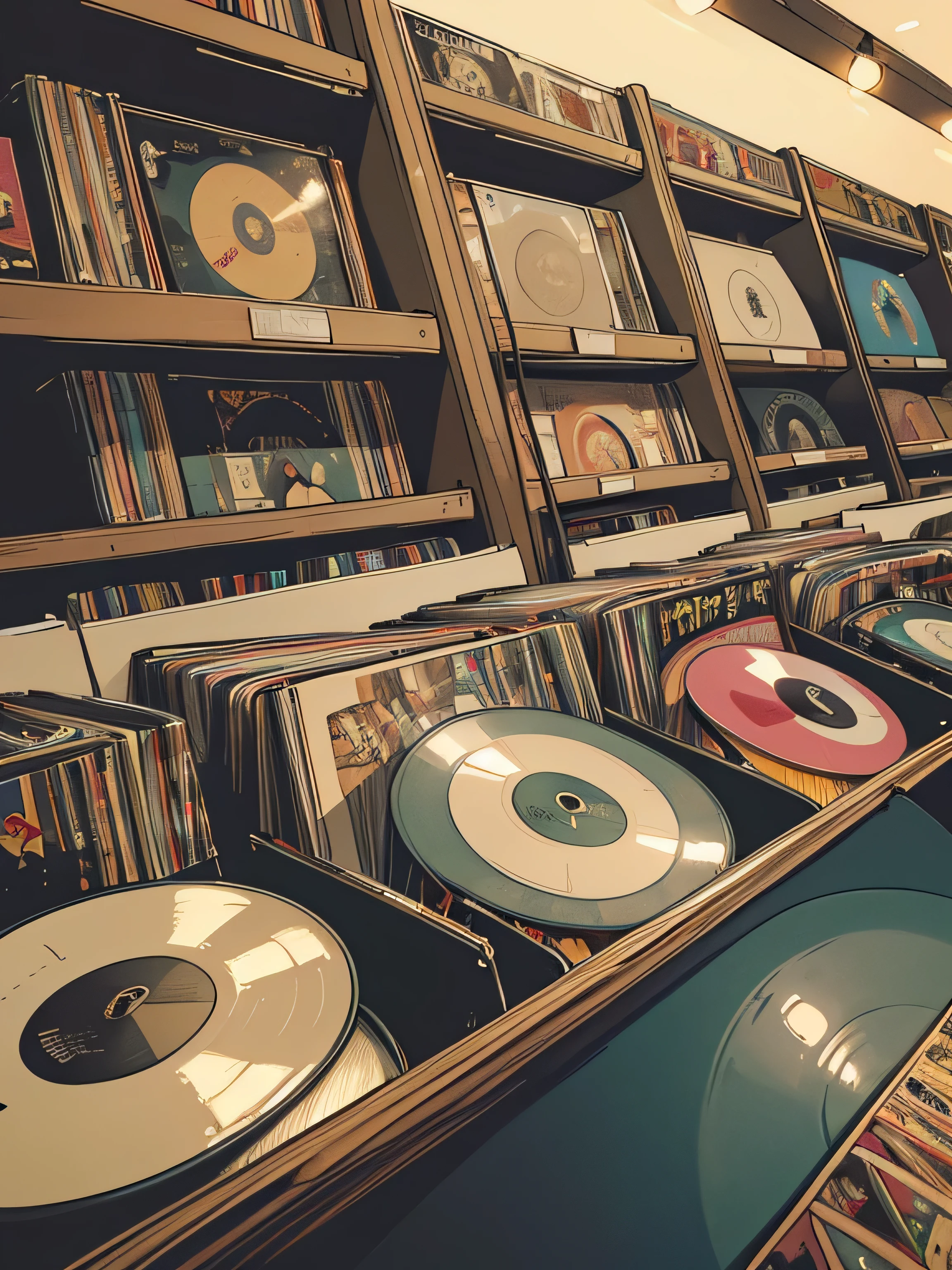 extreme quality, masterpiece, 8k, depth of field, intricate details, (((unattended))), space, movie poster, (((record store))), nostalgia, panorama, long shot, (((records on the shelves.))),  (((Various angles))),Future Interior
