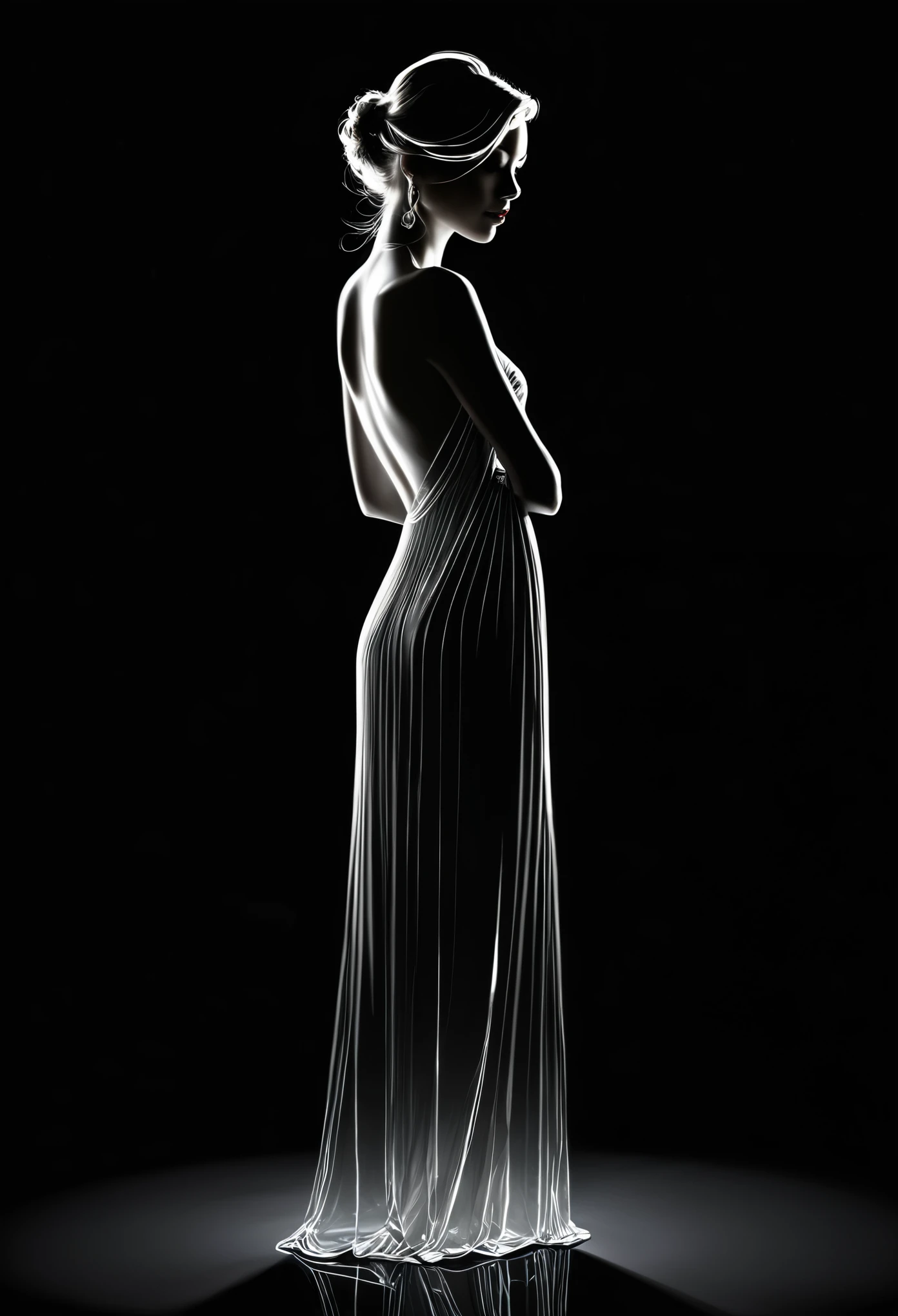 **Digital painting of the full-length silhouette of a beautiful and beautiful transparent glass model, reflecting the white ambient light, emphasis on her serene expression, faint white, soft shadows playing on her features, very intense and dark black background that contrasts and accentuates the crystal model's beautiful silhouette, detailed hair with discernible individual strands. Capturing light and texture, high resolution, ultra-realistic.**