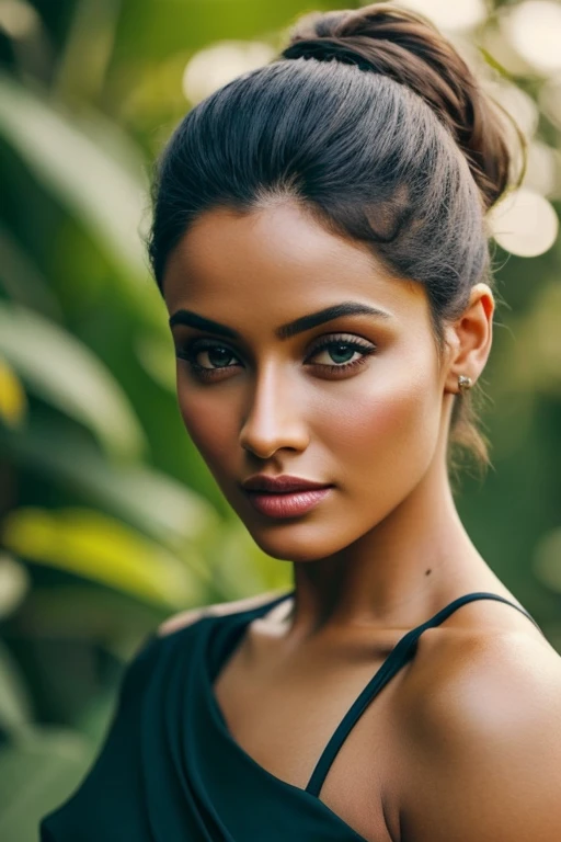 Uma imagem cativante de uma mulher branca radiante com longos, cabelos loiros ondulados caindo em cascata pelos ombros e olhos castanhos que brilham com calor. Your physique is toned and fit, exuding an aura of health and vitality. The scene is lit with soft, warm tones in high definition, estilo ultra-realista. The intricate details of her skin texture are highlighted in a close-up, dando ao retrato um aspecto hiperdetalhado, cinematic feel that truly brings your beauty to life. Despite the absence of a specific prompt, the image conveys an air of elegance and timeless charm. 1 mulher adulta, cabelo comprido, cabelo cacheado, cabelo cor preto, pele suave, olhos azues, sorrir, Vegetation, Ocasional, conjunto xadrez , realista