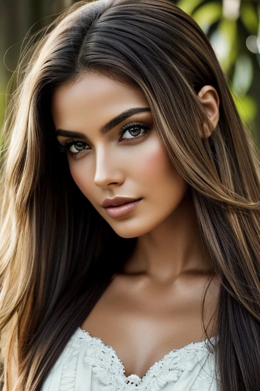 Uma imagem cativante de uma mulher branca radiante com longos, cabelos loiros ondulados caindo em cascata pelos ombros e olhos castanhos que brilham com calor. Your physique is toned and fit, exuding an aura of health and vitality. The scene is lit with soft, warm tones in high definition, estilo ultra-realista. The intricate details of her skin texture are highlighted in a close-up, dando ao retrato um aspecto hiperdetalhado, cinematic feel that truly brings your beauty to life. Despite the absence of a specific prompt, the image conveys an air of elegance and timeless charm. 1 mulher adulta, cabelo comprido, cabelo cacheado, cabelo cor preto, pele suave, olhos azues, sorrir, Vegetation, Ocasional, conjunto xadrez , realista
