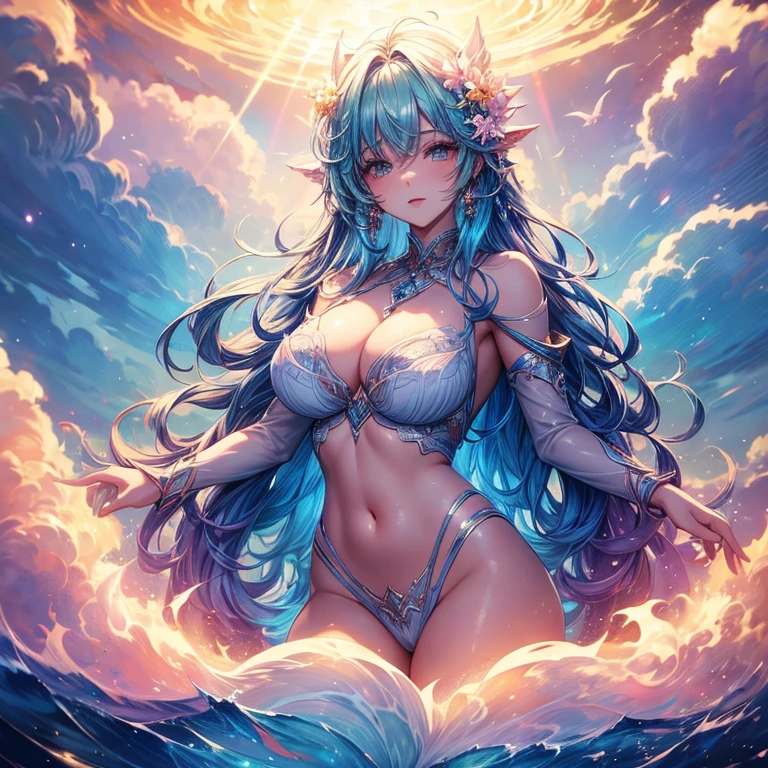 A stunningly ethereal figure, composed of a dazzling array of rainbow hues, reclines gracefully at the end of a radiant rainbow amidst the fluffy clouds in the sky. Bathed in dynamic and enchanting lighting, accentuates her vibrant, full-bodied form. Fantasy art. Masterpiece