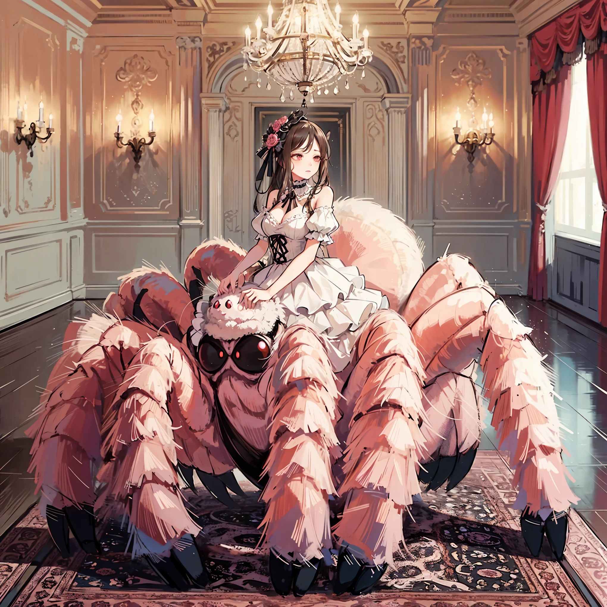 Arachne. pink tarantula. Fluffy spider. Dress. Inside a mansion.