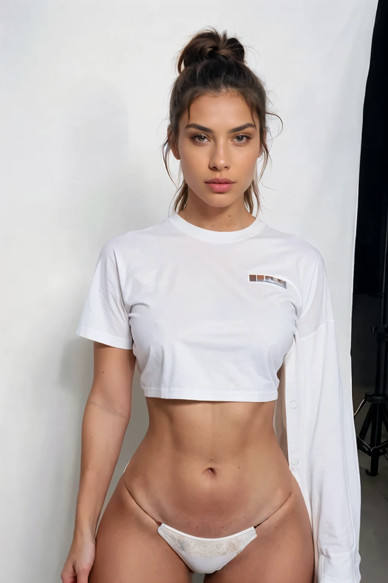 Photorealistic, high-definition portrait, Famous TikTok model, solo, confident stance, fashion show backdrop, brightly-lit scene, crisp white t-shirt revealing toned abdomen, striking features, riveting gaze locked onto the camera, maximum detail, intricate high definition, professional lighting, 4K resolution, shot on Canon, 50mm lens, shallow depth of field, Kodak Vision color palette, best quality, ultra-realistic, digital artistry, post-processing, maximum detail, realistic skin texture, sharp focus, realistic, 8k UHD, photography.