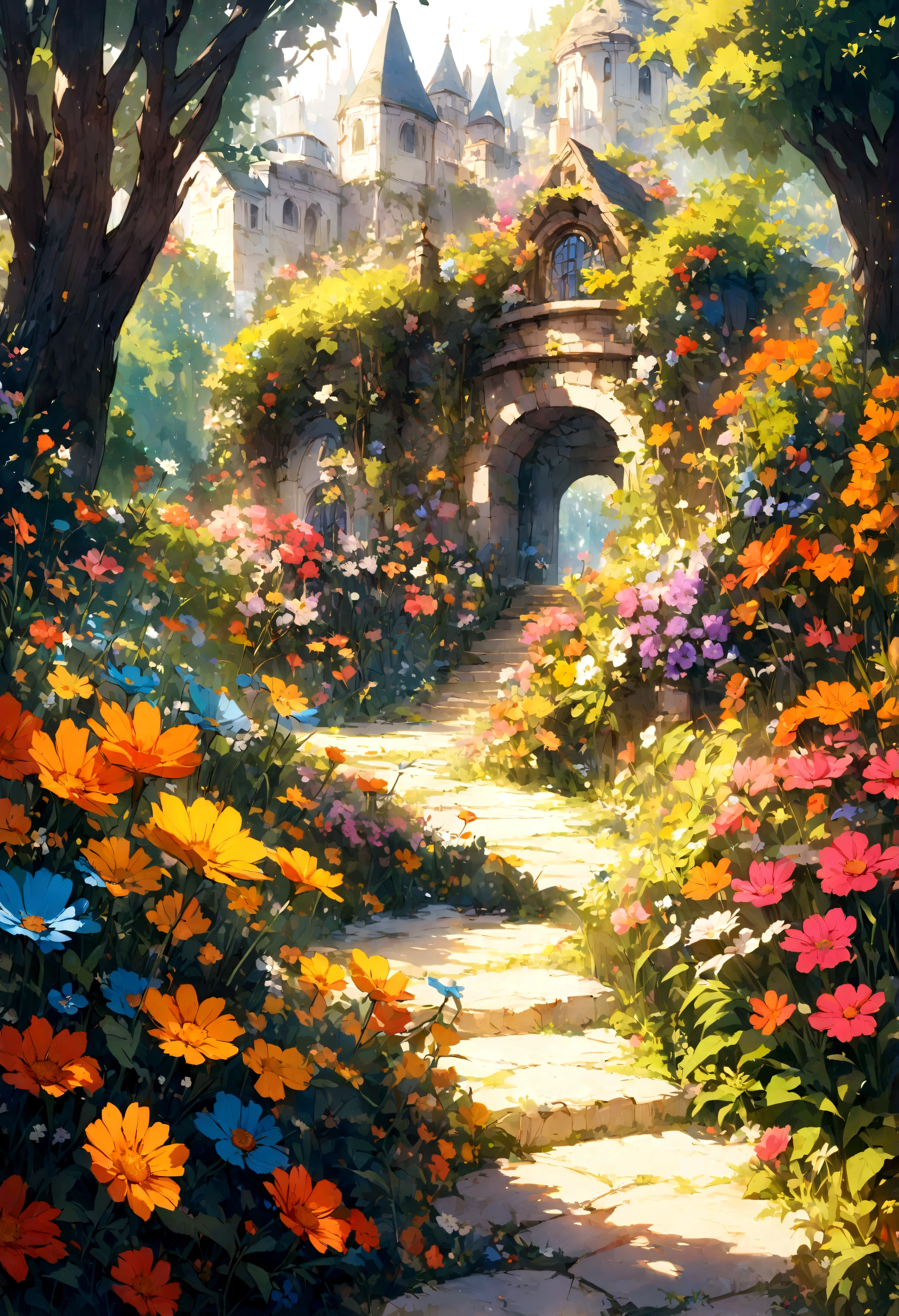 A beautiful detail, magical garden, surrounded by vibrant flowers,