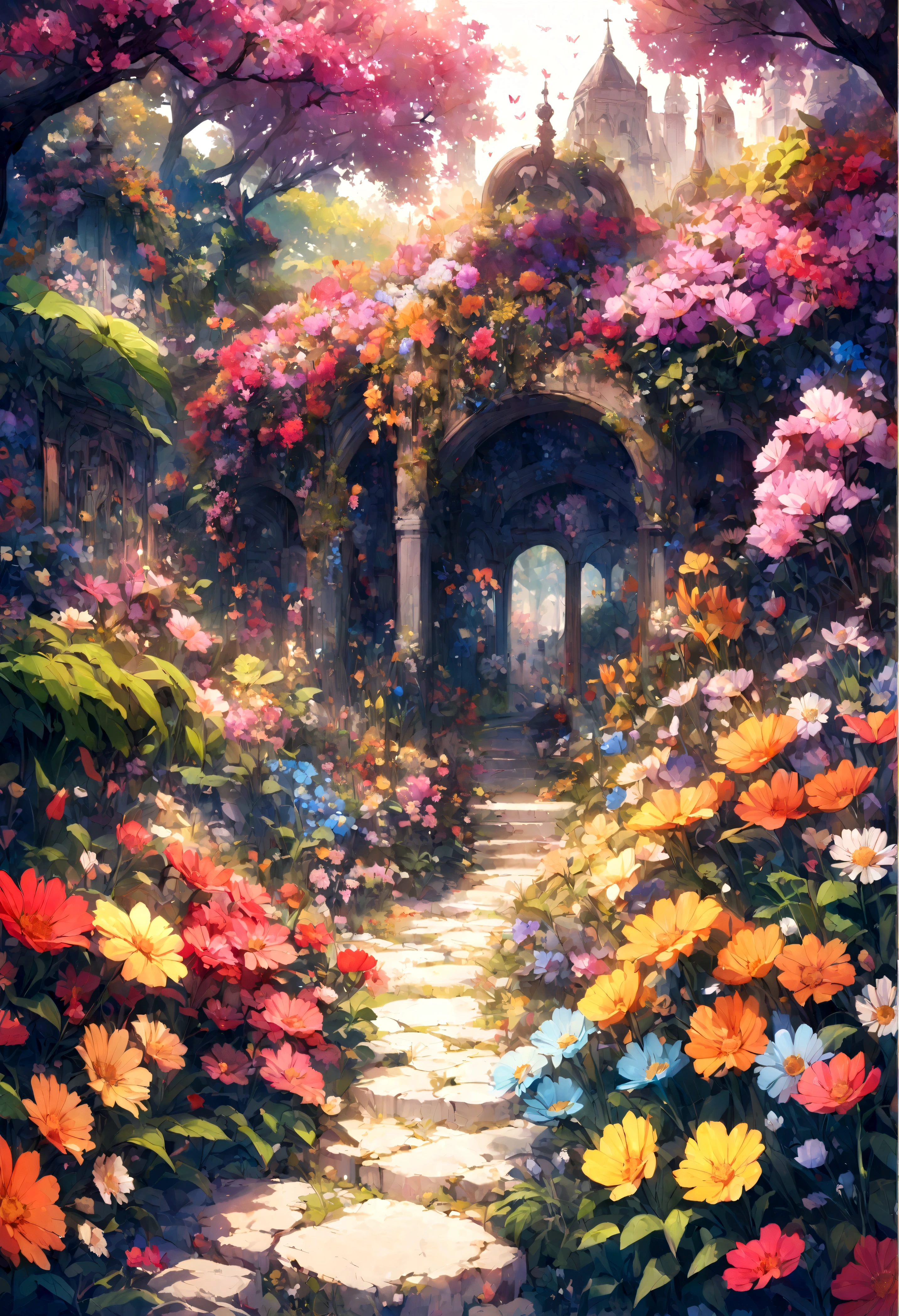 A beautiful detail, magical garden, surrounded by vibrant flowers,