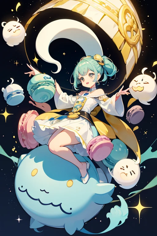 Makamokotchi has a white, puffy, ghost-like body that floats off the ground. She has a round yellow head and the top half of a macaron covering the top of her head. There are also two different colored macarons on top.  SPARKLE; GLITTER