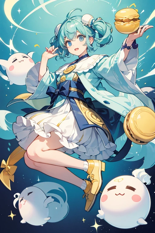 Makamokotchi has a white, puffy, ghost-like body that floats off the ground. She has a round yellow head and the top half of a macaron covering the top of her head. There are also two different colored macarons on top. SPARKLE; GLITTER