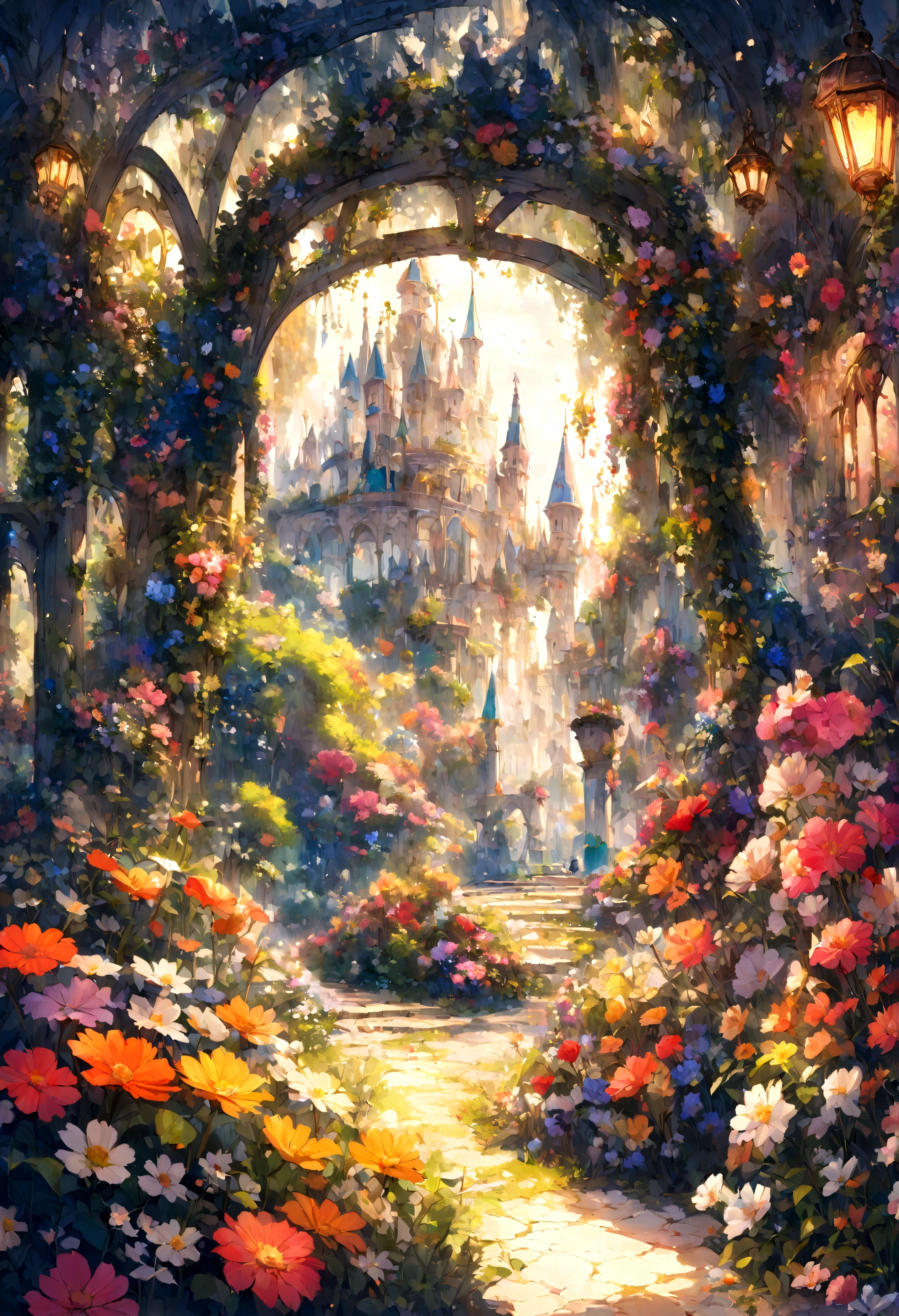 A beautiful detail, magical garden, surrounded by vibrant flowers,