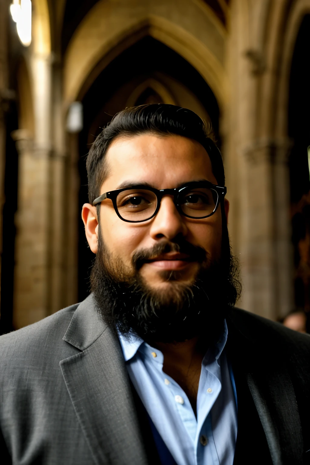 hombre con barba canosa y lentes hablando dentro de una catedral