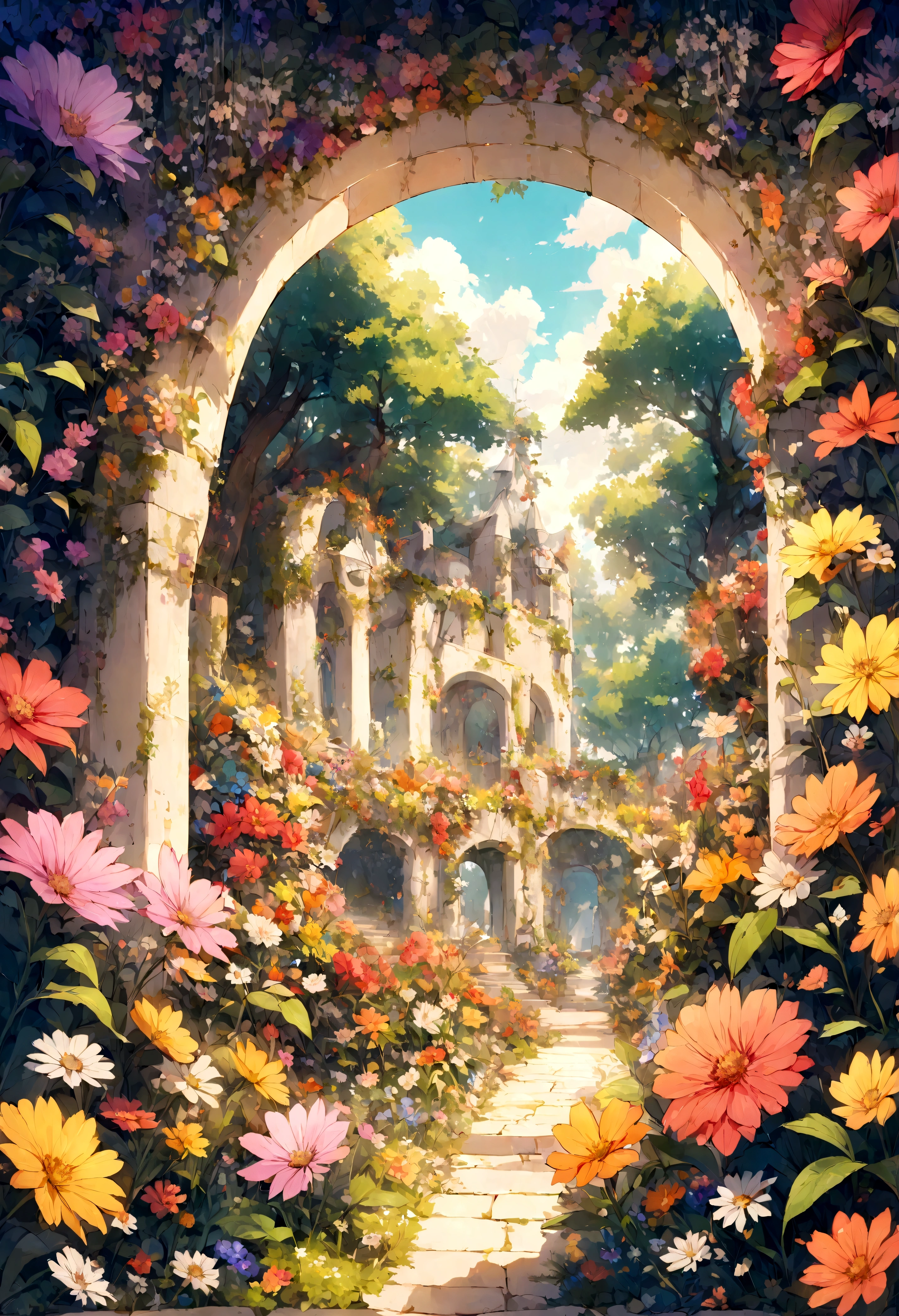 A beautiful detail, magical garden, surrounded by vibrant flowers,