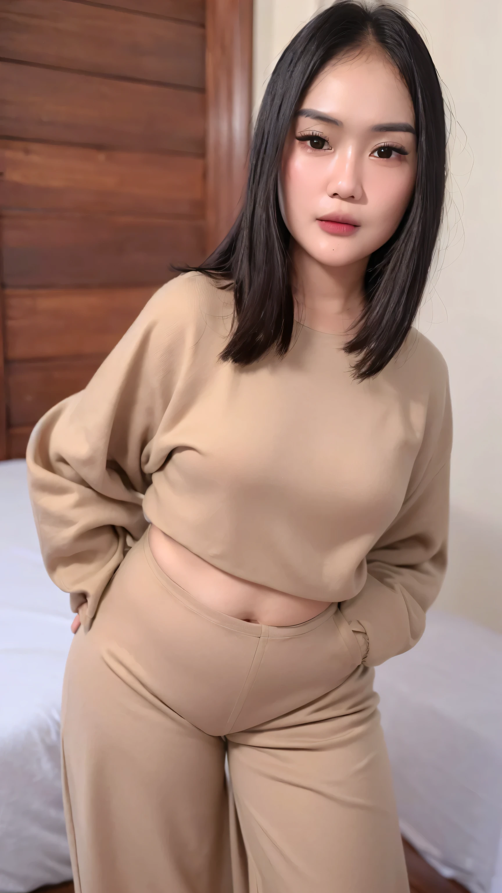 Indonesian adult woman, ((25years old)), ((wear oversized sweatshirt, highwaist culottes)), slim body, thick thighs, naughty smile, ((small ??????, full body, ((masterpiece, highly detailed, highest quality, soft lighting, photo realistic, realistic face, realistic skin)), random pose, full body view