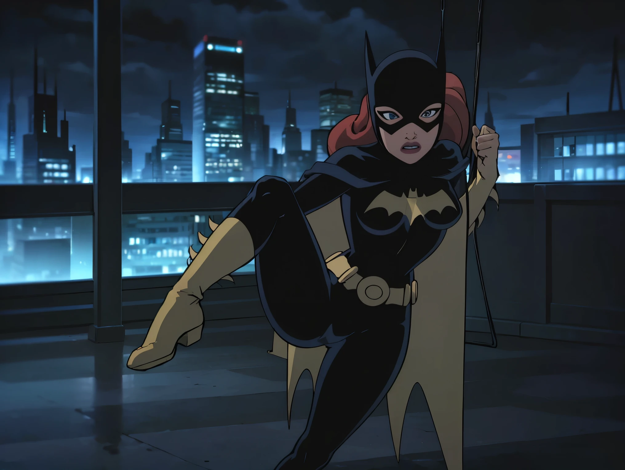 ((full body view)), Batgitlfit, cabelos muito longos, cabelos ruivos, cabelo entre os olhos, rabo de cavalo alto, Fechaduras laterais, olhos azuis, batgirl, roupas brilhantes, body impossible, pele apertada, saia, Olhando para o Viewer apavorada, (pernas musculosas:1.3), (((Batgirl is kicking the air, swinging on a rope, in the city skies, at night,acrobatic pose)))