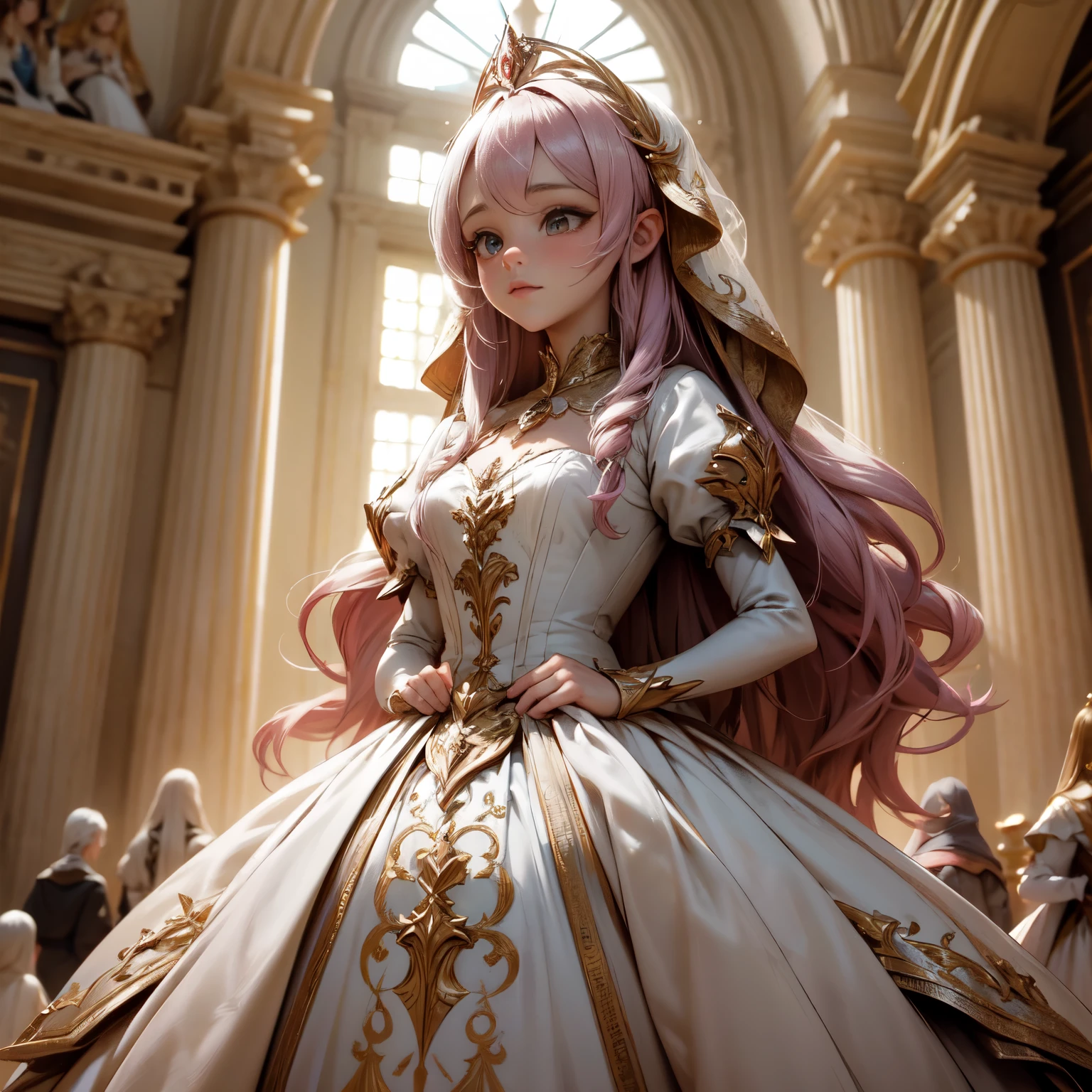 Crie uma imagem digital ultra HD de 8K de uma majestosa princesa elfa de cabelos castanhos claros, longos e ondulados, vestida com trajes de realeza, in the castle's hall of magical arts. A princesa tem olhos dourados e pele bronzeada. She is dressed in a royal robe of light blue velvet with silver and gold trim., Adorned with magical jewels that glow softly. Ela usa uma coroa de prata com pedras preciosas, silver bracelets on her wrists and a magical amulet around her neck. In the magic arts hall, a princesa empunha a Espada de Zeus. The sword is made of celestial gold and emits golden rays, with divine inscriptions along the blade that shine brightly. The hilt of the sword is adorned with small rays and lightning., simbolizando seu poder supremo. She holds the sword in a conjuring pose, channeling magical energy, while electric sparks dance around you. The Sword of Zeus is known for its ability to control thunder and lightning, e uma aura de poder divino emana dela. The magical arts hall is filled with old books, scrolls and magical artifacts. Pentagrams and runes are drawn on the floor, e velas encantadas flutuam no ar. Crystals and amulets glow with magical energy on the shelves. The image should capture the mystery and mystique of the hall of magical arts, highlighting the princess's interaction with the Sword of Zeus.