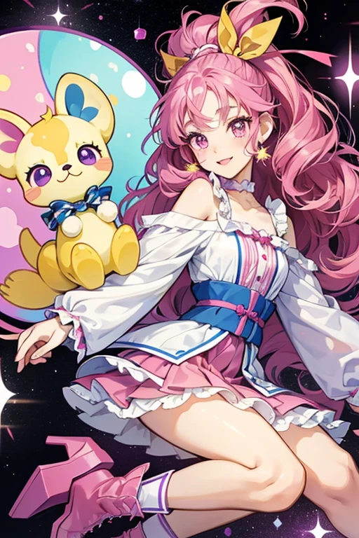 Makiko has a light purple body that is similar to Memetchi's, but she has different facial features, hair, and clothing. Makiko wears a purple ribbon with white spots, a frilly white skirt, and magenta stiletto boots. She has two long, curly strands of hair, one on each side of her head, both of which are bigger and longer than Memetchi's signature curl. Her eyes each have one curly eyelash on top, three straight eyelashes on the bottom, and one asterik-like reflection and one oval-shaped reflection. While Memetchi typically does not have colored cheeks, Makiko always has magenta cheeks. SPARKLE; GLITTER