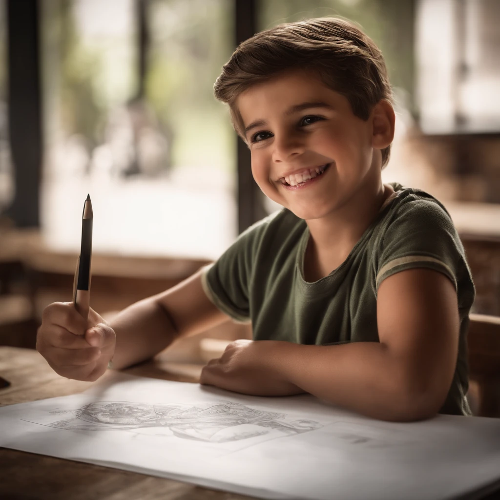 "A  smiling while showing a drawing or school project, recebendo elogios de um adulto."