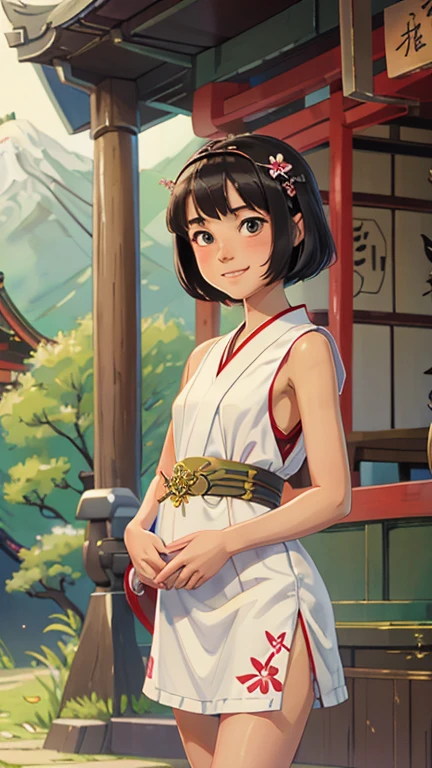 best quality,masterpiece,1girl,solo,(((9ars old))),japanese girl,an extremely cute and beautiful girl,highly detailed beautiful face and eyes,petit,cute face,lovely face,baby face,shy smile,show teeth,black hair,medium short hair,flat chest,skinny,slender,(((wearing a white short mini Shrine Maiden Dress))),(((standing in a japanese temple))),she is looking at the viewer,