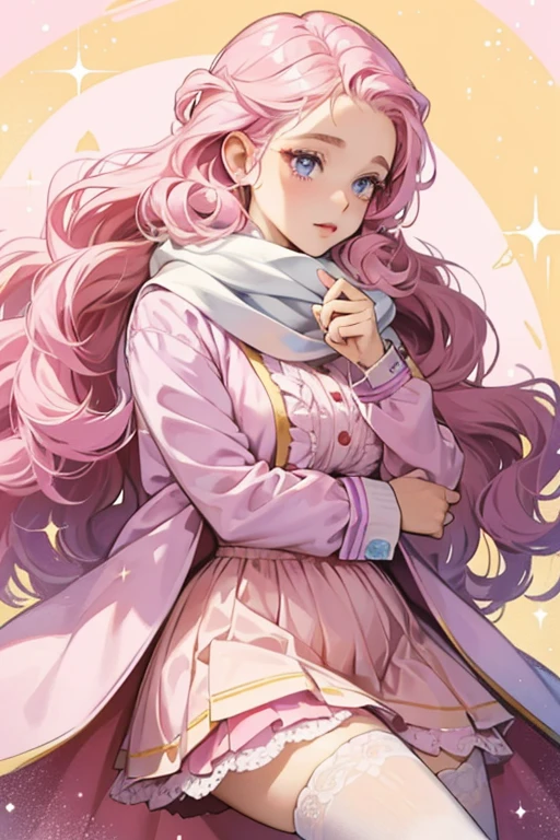 Mamacoffretchi is white with pink eyeliner and a large curl of hair on her forehead, which also has pink on it. She has two short locks of hair on either side of her head. She wears a pink dress with a purple overcoat, a yellow scarf, and mauve stockings. SPARKLE; GLITTER