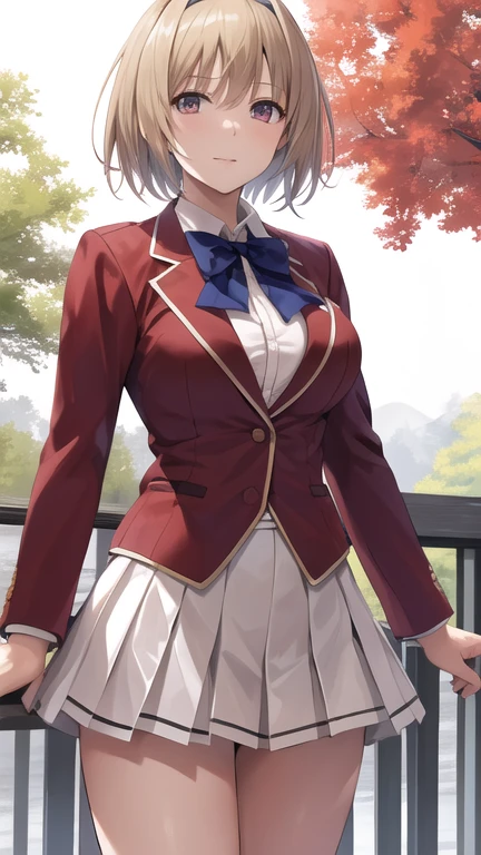 masterpiece, best quality, highres, aakikyo, short hair, hair intakes, white hairband, blue bowtie, collared shirt, blazer, red jacket, long sleeves, white skirt, pleated skirt, black socks, cowboy shot, standing, outdoors, straight-on, arms at sides,