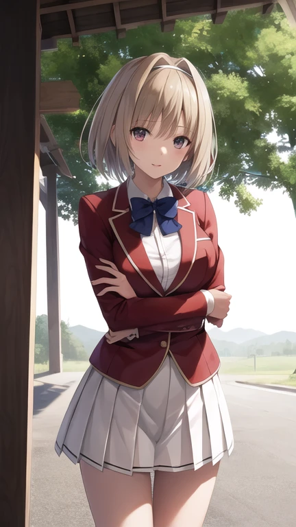 masterpiece, best quality, highres, aakikyo, short hair, hair intakes, white hairband, blue bowtie, collared shirt, blazer, red jacket, long sleeves, white skirt, pleated skirt, black socks, cowboy shot, standing, outdoors, straight-on, arms at sides,