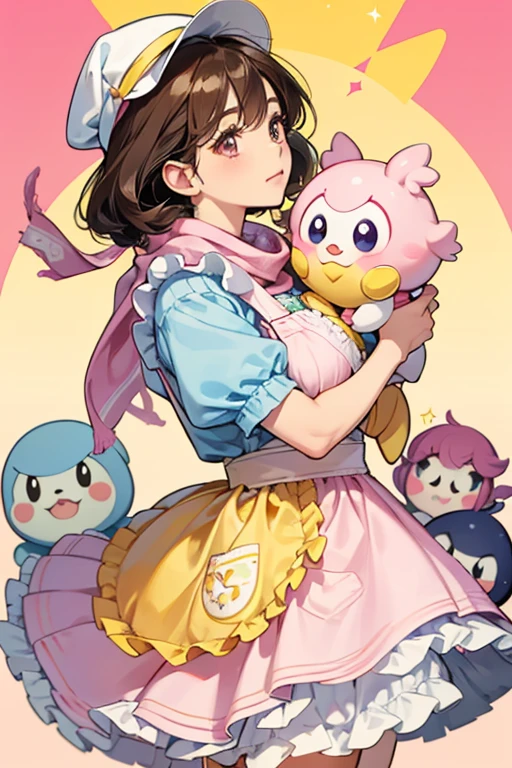 MamaKoppetchi has light yellow skin and a pink beak. Her eyes are oval-shaped with brown irises and three eyelashes on each side. She has plump cheeks and light orange cheek spots. She wears a white apron with a pocket on the front, and a pink scarf. She also wears a hat shaped like a loaf of bread with frilly trim along the bottom. She often carries a pair of light pink tongs. SPARKLE; GLITTER