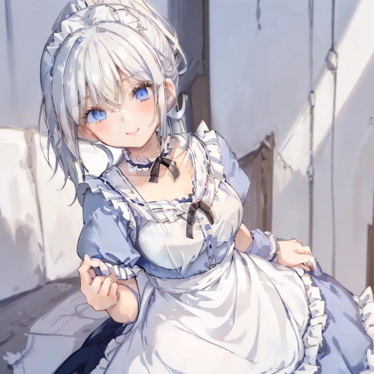 1 girl、Mature、Ample breasts、White Hair、Blue Eyes、ponytail、ハイponytail、Sharp Eyes、Maid clothes、Short sleeve、Frills、Open-chested clothing、choker、Bust-up perspective、Angle from below、Rest your cheek on your hand、A seductive smile、High resolution、highest quality、