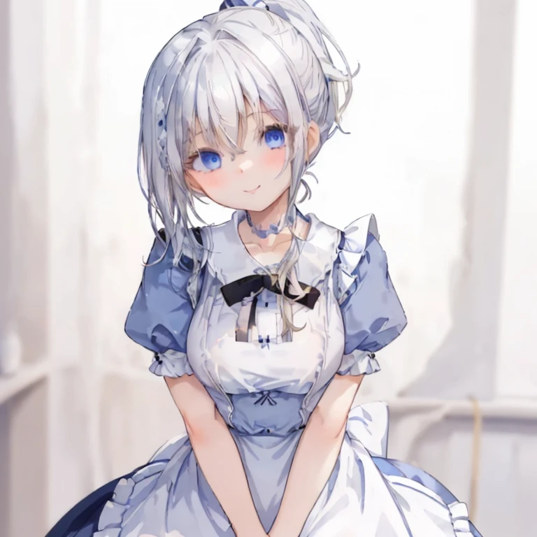 1 girl、Mature、Ample breasts、White Hair、Blue Eyes、ponytail、ハイponytail、Sharp Eyes、Maid clothes、Short sleeve、Frills、Open-chested clothing、choker、Bust-up perspective、Angle from below、Rest your cheek on your hand、A seductive smile、High resolution、highest quality、