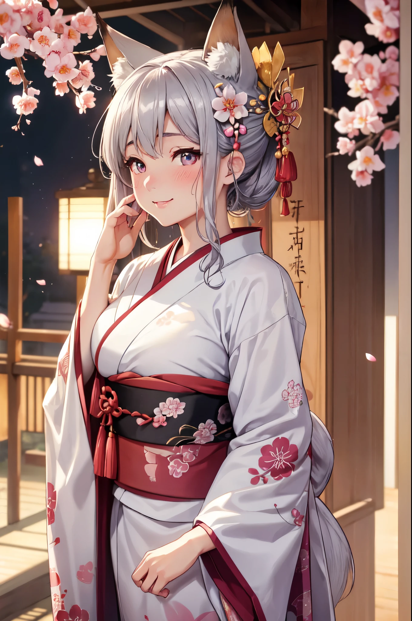 (High quality, High resolution, Fine details), Japanese apricot, Plum blossoms, kimono, solo, curvy adult women, gray hair, sparkling eyes, (Detailed eyes:1.2), fox ears, smile, blush, Sweat, Oily skin, Soft tones, shallow depth of field