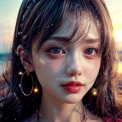 Tiny girl wearing red tube-top dress, Stroll along evening Beach, (Acutance:0.85), Masterpiece of 8K Ultra-detailed, (VolumetricLighting), SmoothShading, (RAW photorealistic:1.37), (Close-up:1.4), (Gazing at the sunseting colorful sky) (Dazzling bokeh:1.28), { (Golden ray illuminating face) | (Vivid Photon Particles) | (Gust of wind) } . (((Extremely detailed a face variation of NOGIZAKA girls))), perfect anatomy, Childish, captivating gaze, elaborate detailed Eyes with (sparkling highlights:1.28), long eyelashes、Glossy RED Lips with beautiful details, Coquettish tongue, Rosy cheeks, (Detailed Flawless natural Skin Radiant PearlSkin with clear transparency) , SilkyHair. { (Dynamic joyful expressions) | (:d) }, (no Large eyes, no tree).