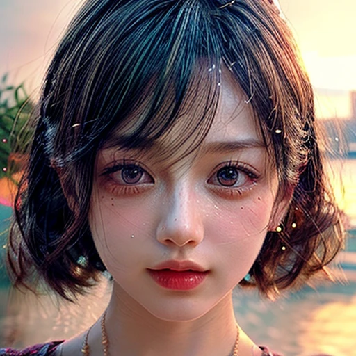 Tiny girl wearing red tube-top dress, Stroll along evening Beach, (Acutance:0.85), Masterpiece of 8K Ultra-detailed, (VolumetricLighting), SmoothShading, (RAW photorealistic:1.37), (Close-up:1.4), (Gazing at the sunseting colorful sky) (Dazzling bokeh:1.28), { (Golden ray illuminating face) | (Vivid Photon Particles) | (Gust of wind) } . (((Extremely detailed a face variation of NOGIZAKA girls))), perfect anatomy, Childish, captivating gaze, elaborate detailed Eyes with (sparkling highlights:1.28), long eyelashes、Glossy RED Lips with beautiful details, Coquettish tongue, Rosy cheeks, (Detailed Flawless natural Skin Radiant PearlSkin with clear transparency) , SilkyHair. { (Dynamic joyful expressions) | (:d) }, (no Large eyes, no tree).