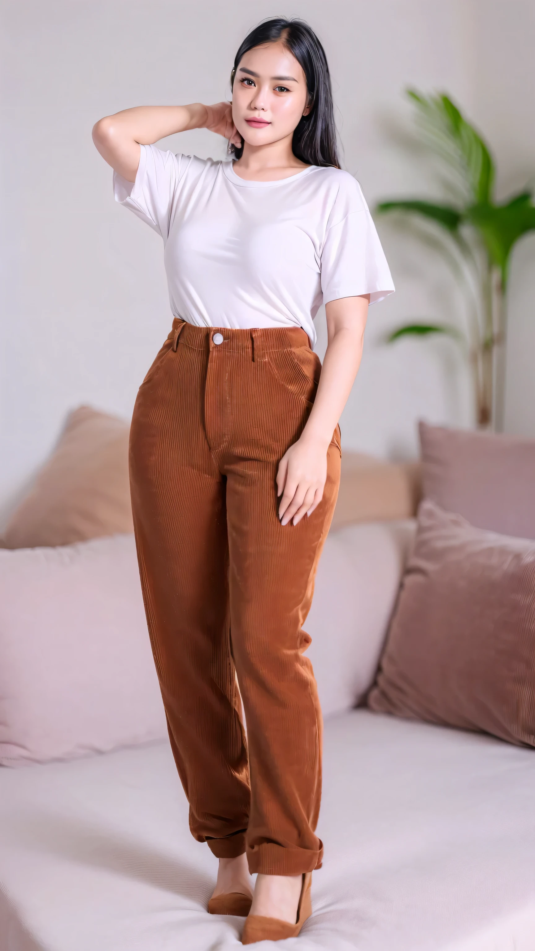 Indonesian adult woman, ((25years old)), ((wear oversized t-shirt, Corduroy trousers)), slim body, thick thighs, naughty smile, ((small breast, full body, ((masterpiece, highly detailed, highest quality, soft lighting, photo realistic, realistic face, realistic skin)), random pose, full body view