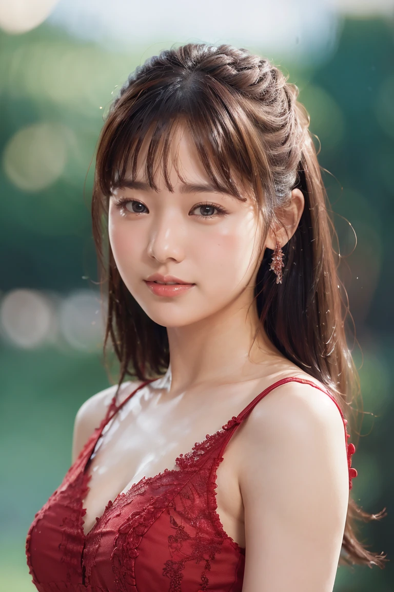 Medium Size Display, Medium Shot, Written boundary depth, Upper Body, Movie angle, masterpiece, highest quality, Very detailed, CG, 8k wallpaper, Beautiful Face, Delicate eyes, alone, smile, cute、red color dress