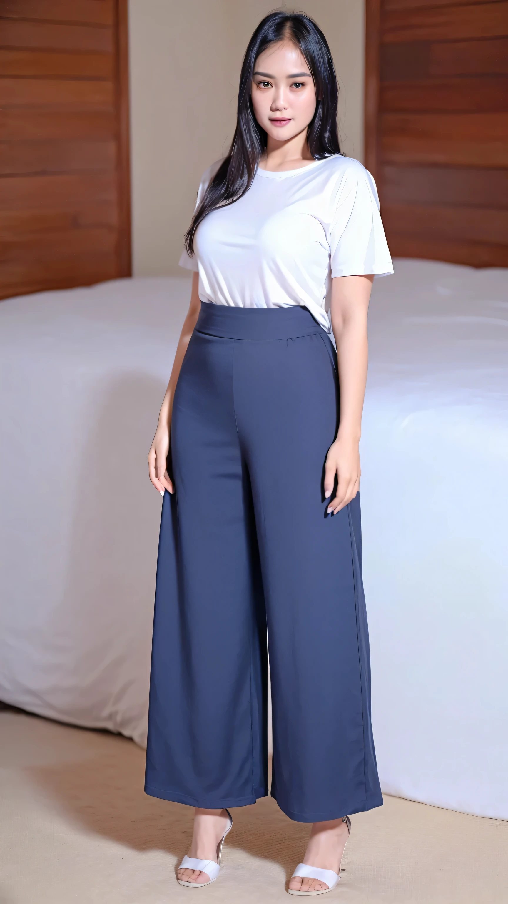 Indonesian adult woman, ((25years old)), ((wear oversized t-shirt, highwaist culottes)), slim body, thick thighs, naughty smile, ((small breast, full body, ((masterpiece, highly detailed, highest quality, soft lighting, photo realistic, realistic face, realistic skin)), random pose, full body view