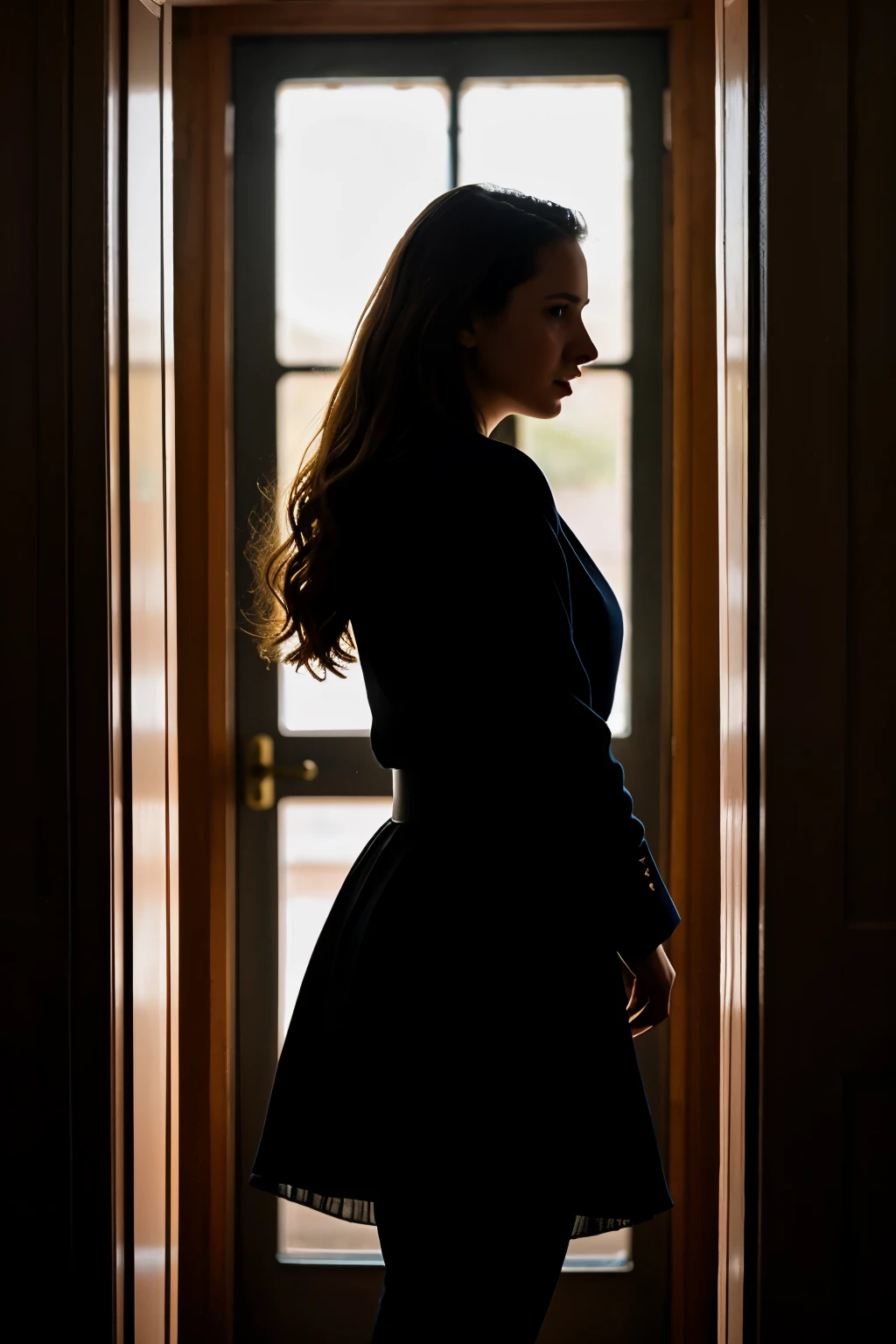 a young Russian woman of 27 years old, que esta asusta debajo de una manta sucia, con un celular que le ilumina un poco la cara, Behind her a silhouette of a man with a firearm visible in the frame of an open door, The woman is inside a dark room. es una portada de un libro llamado bajo el manto