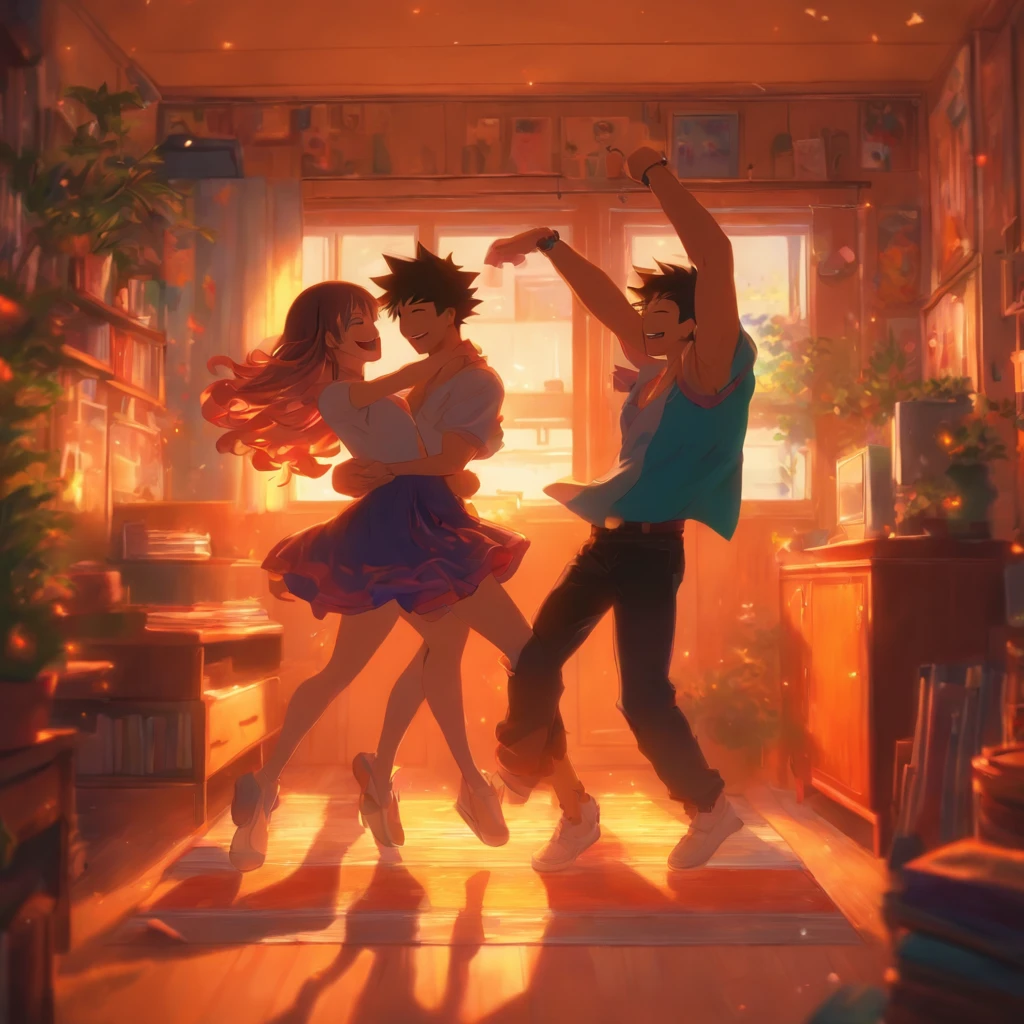 "A couple dancing happily in a living room, com sorrisos e um ambiente acolhedor."