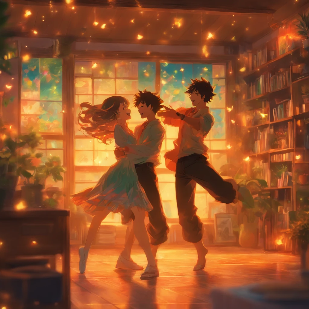 "A couple dancing happily in a living room, com sorrisos e um ambiente acolhedor."