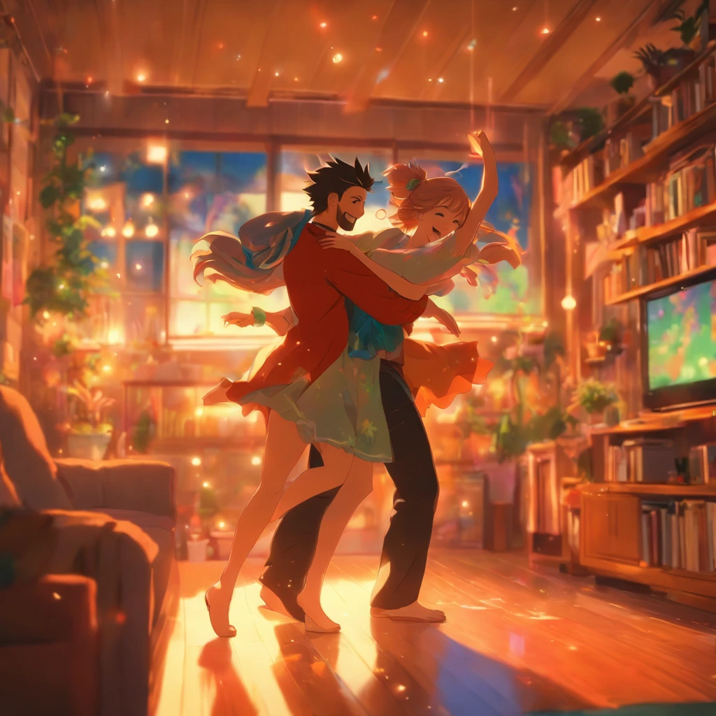 "A couple dancing happily in a living room, com sorrisos e um ambiente acolhedor."