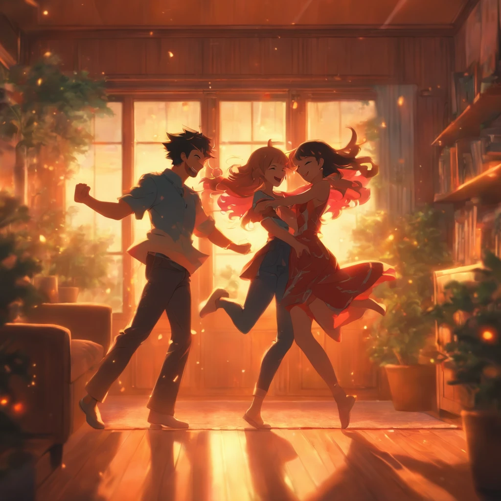 "A couple dancing happily in a living room, com sorrisos e um ambiente acolhedor."